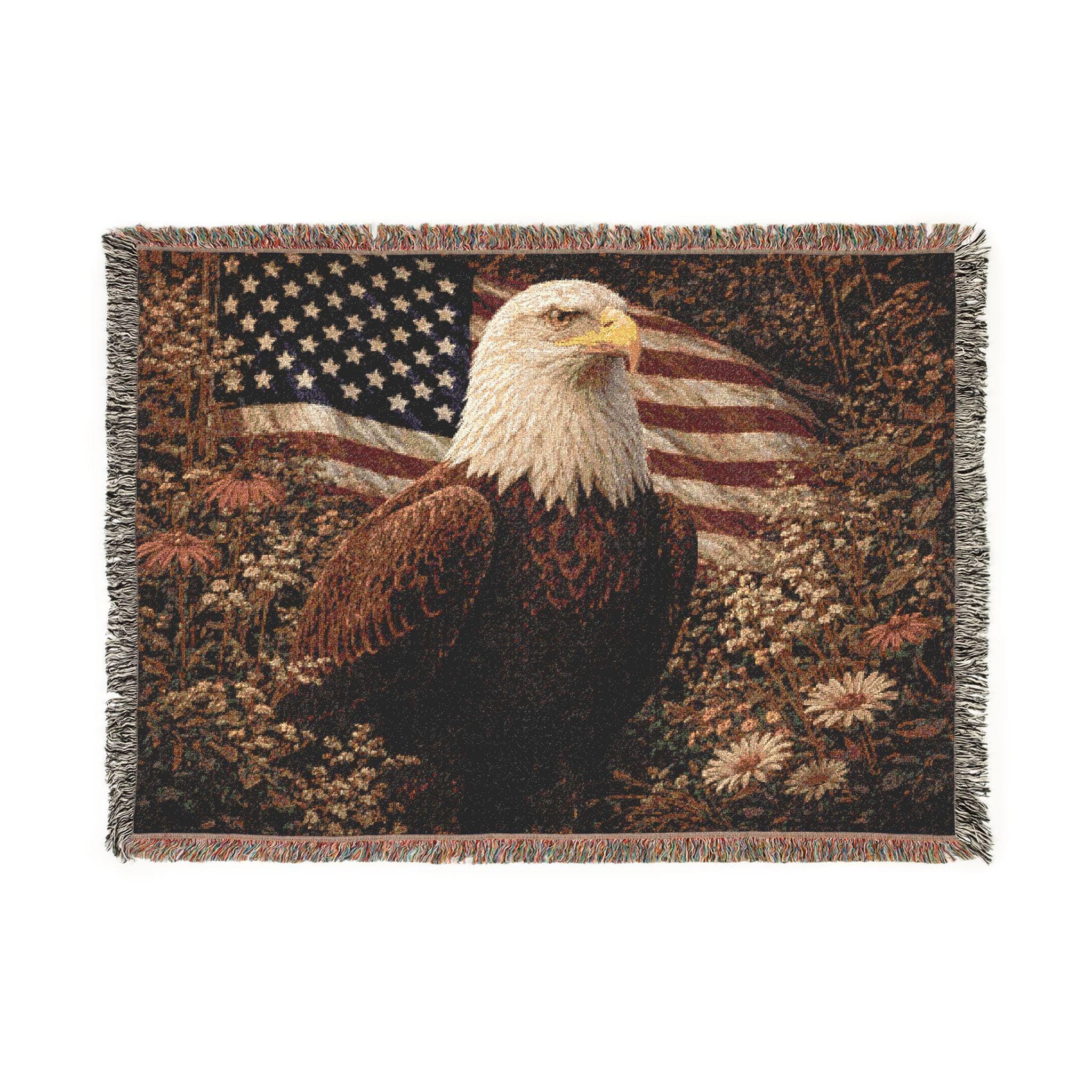 Patriotic woven tapestry wall hanging featuring a bold bald eagle in front of a vintage American flag, framed by wildflowers in warm rustic tones. Textured woven blanket throw with fringe, made for cabin, lodge, man cave, office, or living room wall decor. Also works as a cozy couch throw. Americana wall art gift for veterans, military families, Fourth of July and Memorial Day, plus USA pride and history lovers. Perfect for farmhouse entryway, den, or game room decor, with woven texture.