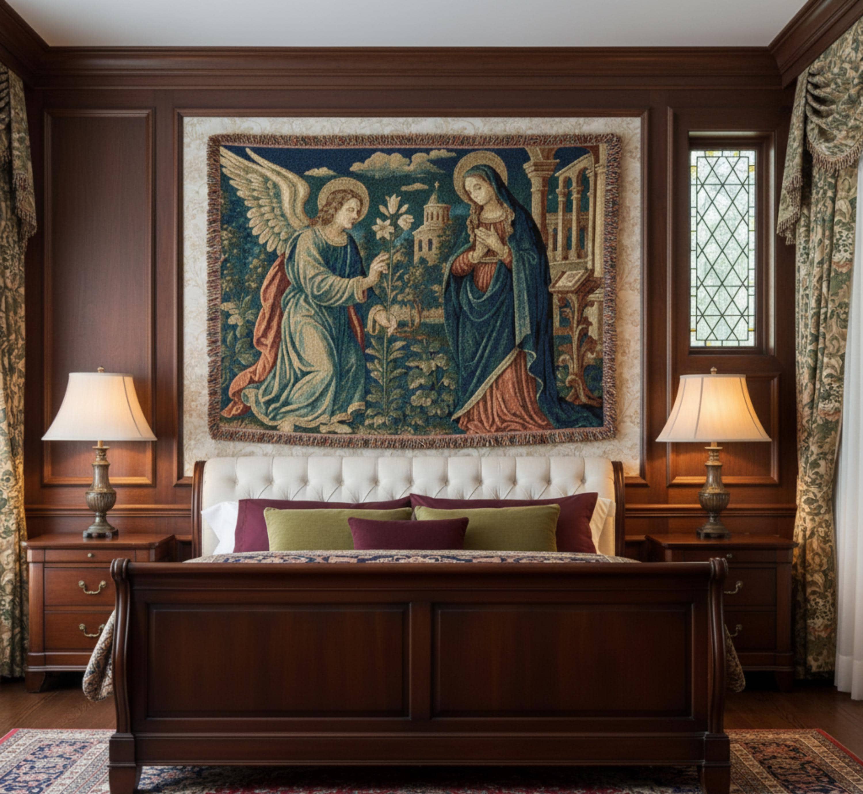 Vintage Woven Blanket Tapestry Throw Wall Hanging European Decor Sacred Art Renaissance Angel and Madonna Antique Tapestry Verdure Wall Art