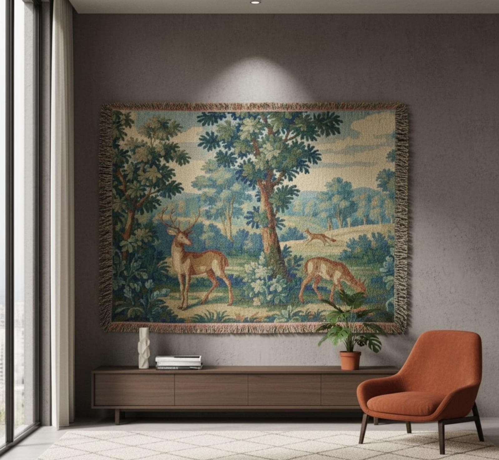 Vintage Deer Forest Woven Blanket Pastoral Landscape Wall Tapestry Woven Throw Wall Hanging Nature Scene Home Decor Rustic Sofa Bed Blanket