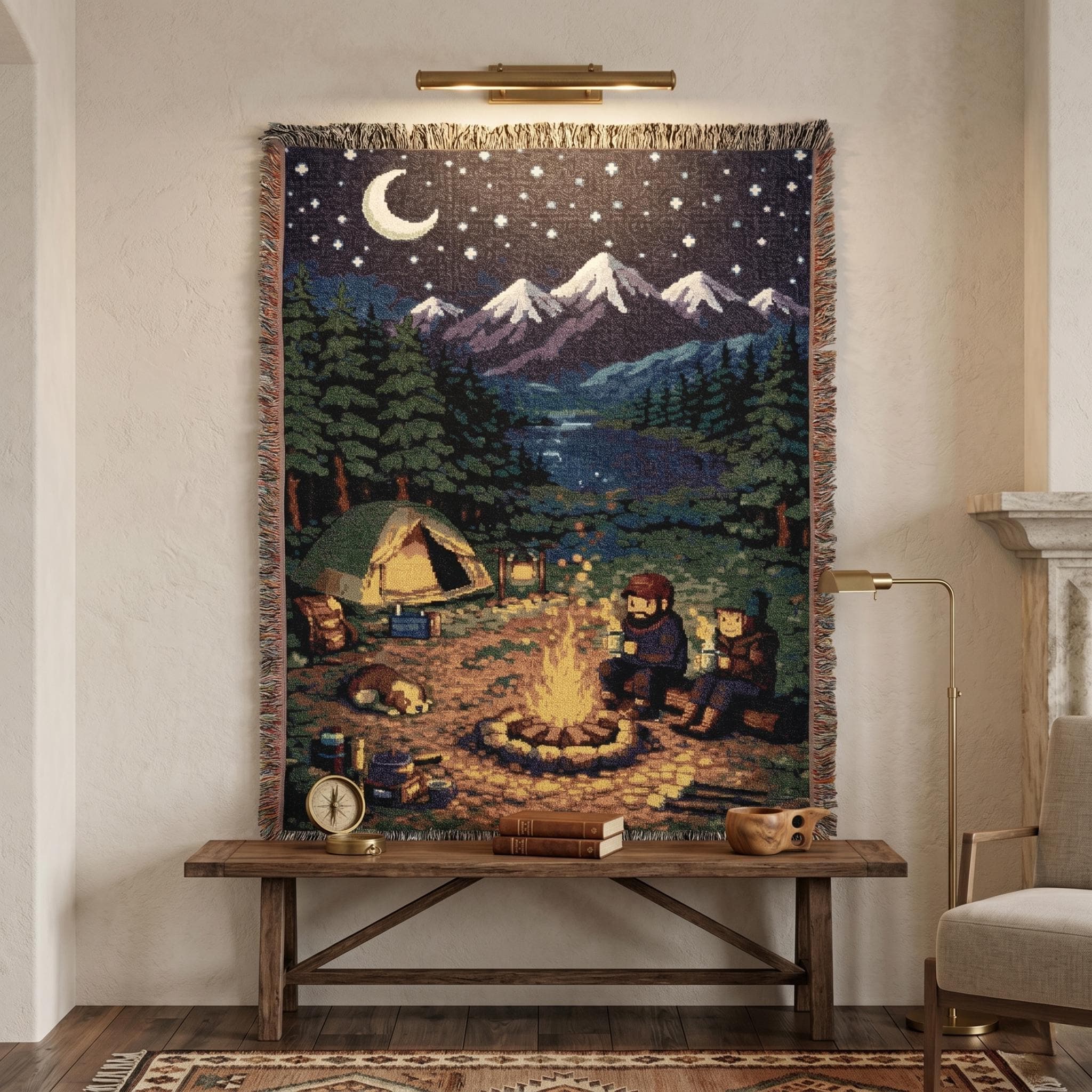 Camping Tapestry Wall Hanging Mountain Campfire Wall Art Night Sky Forest Lake Scene Throw Blanket Cozy Cabin Decor Adventure Lover Gift