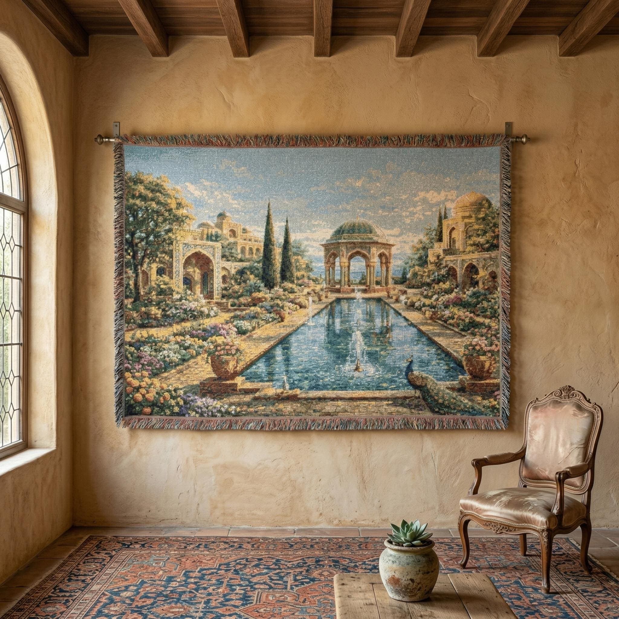 Persian Garden Tapestry Wall Art Woven Throw Blanket Islamic Architecture Decor Peacock Courtyard Landscape Wall Hanging Vintage Oriental