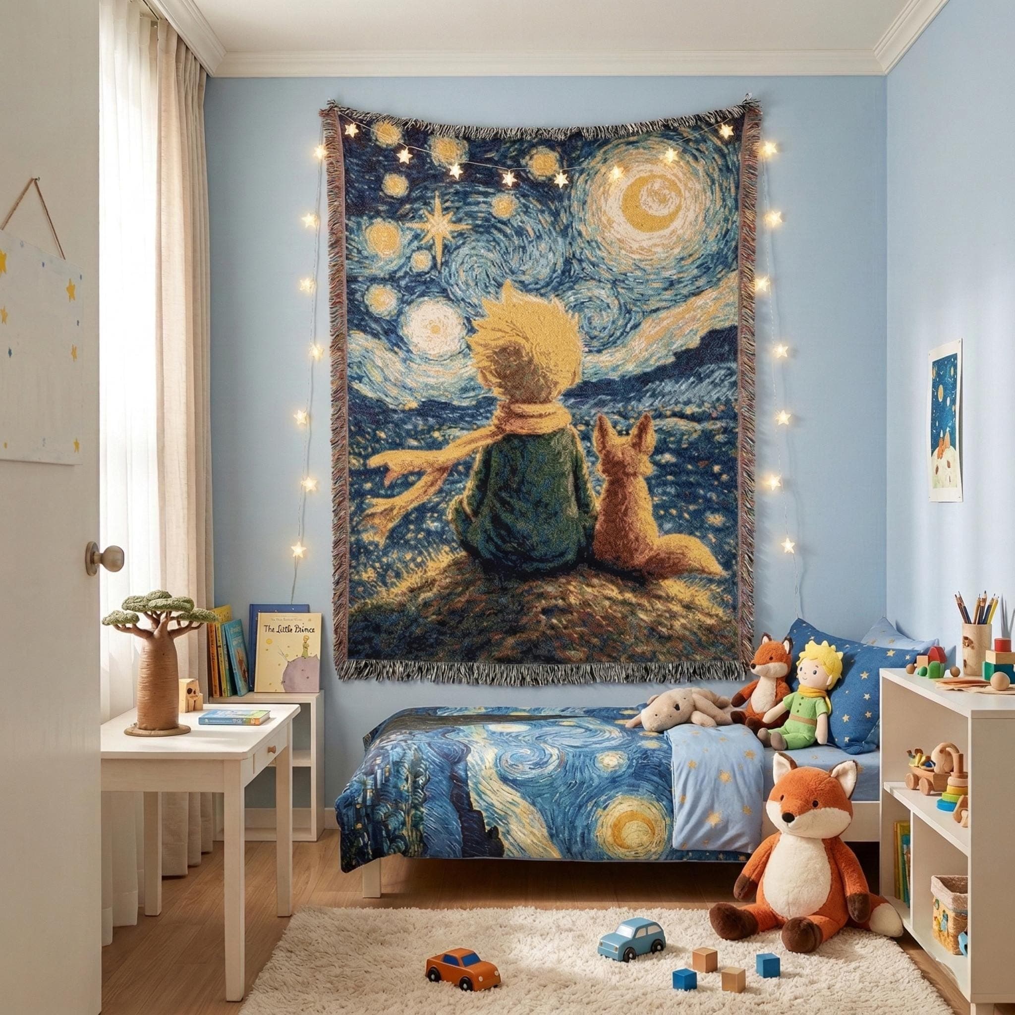 Little Prince Inspired Tapestry Wall Hanging Boy and Fox Starry Night Woven Throw Blanket Celestial Storybook Kids Bedroom Wall Art Gift