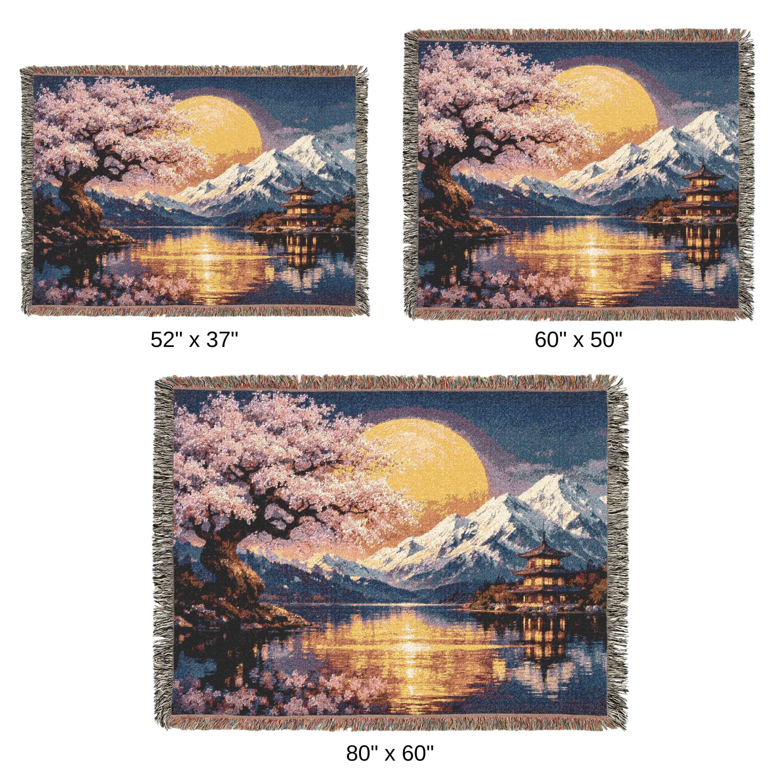 Japanese Cherry Blossom Tapestry Wall Art Large Woven Tapestry Blanket Sakura Moon Mountain Lake Pagoda Wall Hanging Zen Decor Fringed Throw - image 5