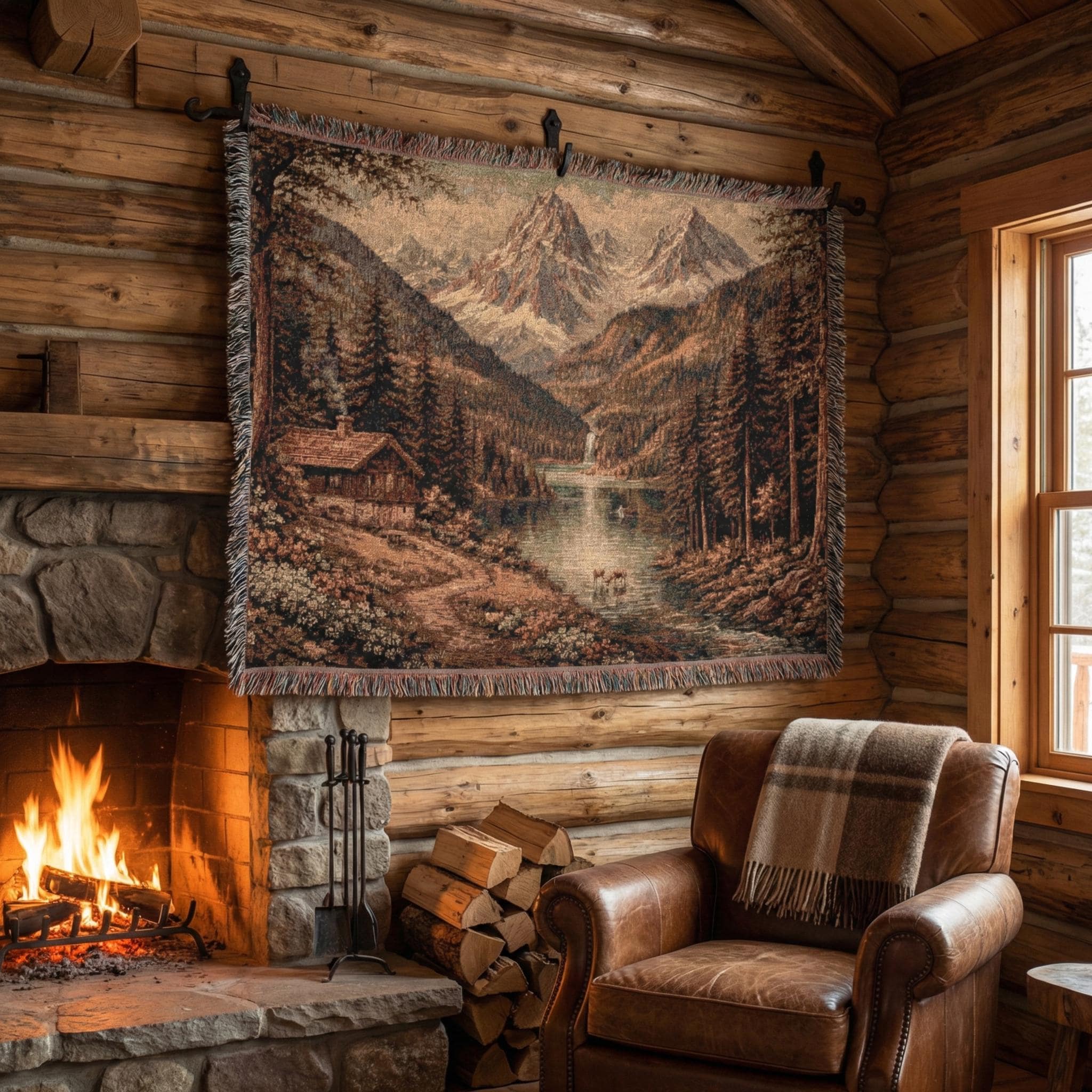 Mountain Lake Cabin Woven Tapestry Wall Hanging, Rustic Alpine Landscape Textile Art, Cozy Cottagecore Decor, Nature Lodge Gift, Wall Decor