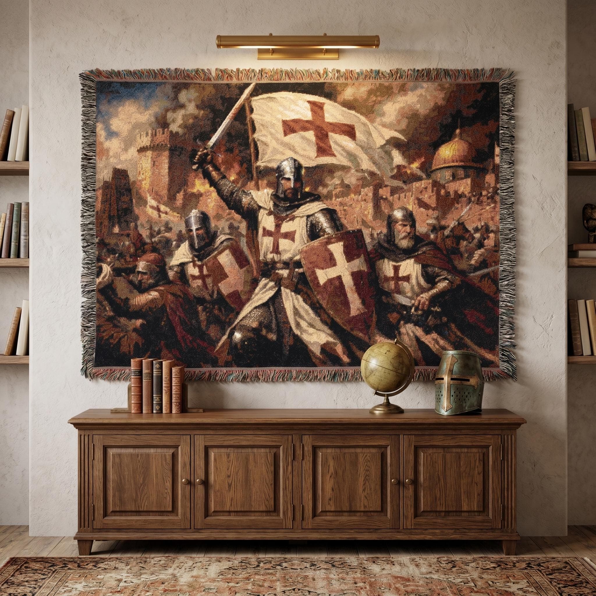 Crusader Tapestry Large Wall Hanging Medieval Knight Wall Art Templar Battle Decor Woven Throw Blanket Christian Warrior Historic Home Gift