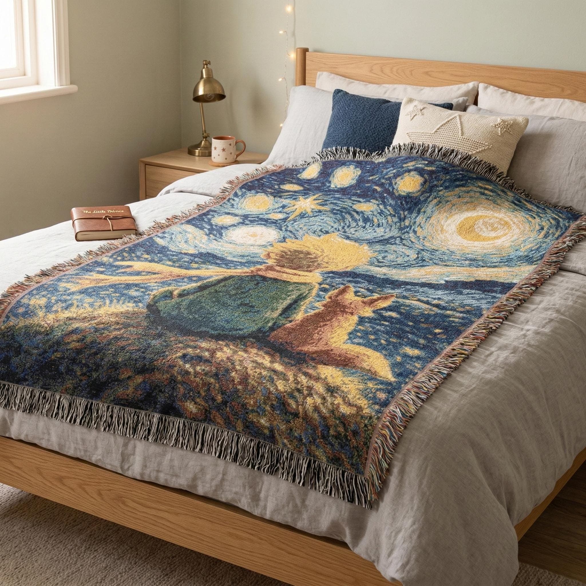 Woven tapestry wall hanging featuring a whimsical boy and fox sitting together under a glowing starry night sky with swirling celestial clouds, moon, stars, and deep blue painterly texture. Storybook inspired wall decor with warm golden highlights and fringe edges, perfect for bedroom, nursery, dorm, reading nook, or cozy living room styling. Also works as a woven throw blanket. Great gift for fox lovers, stargazers, whimsical decor fans, and celestial room decor collectors.