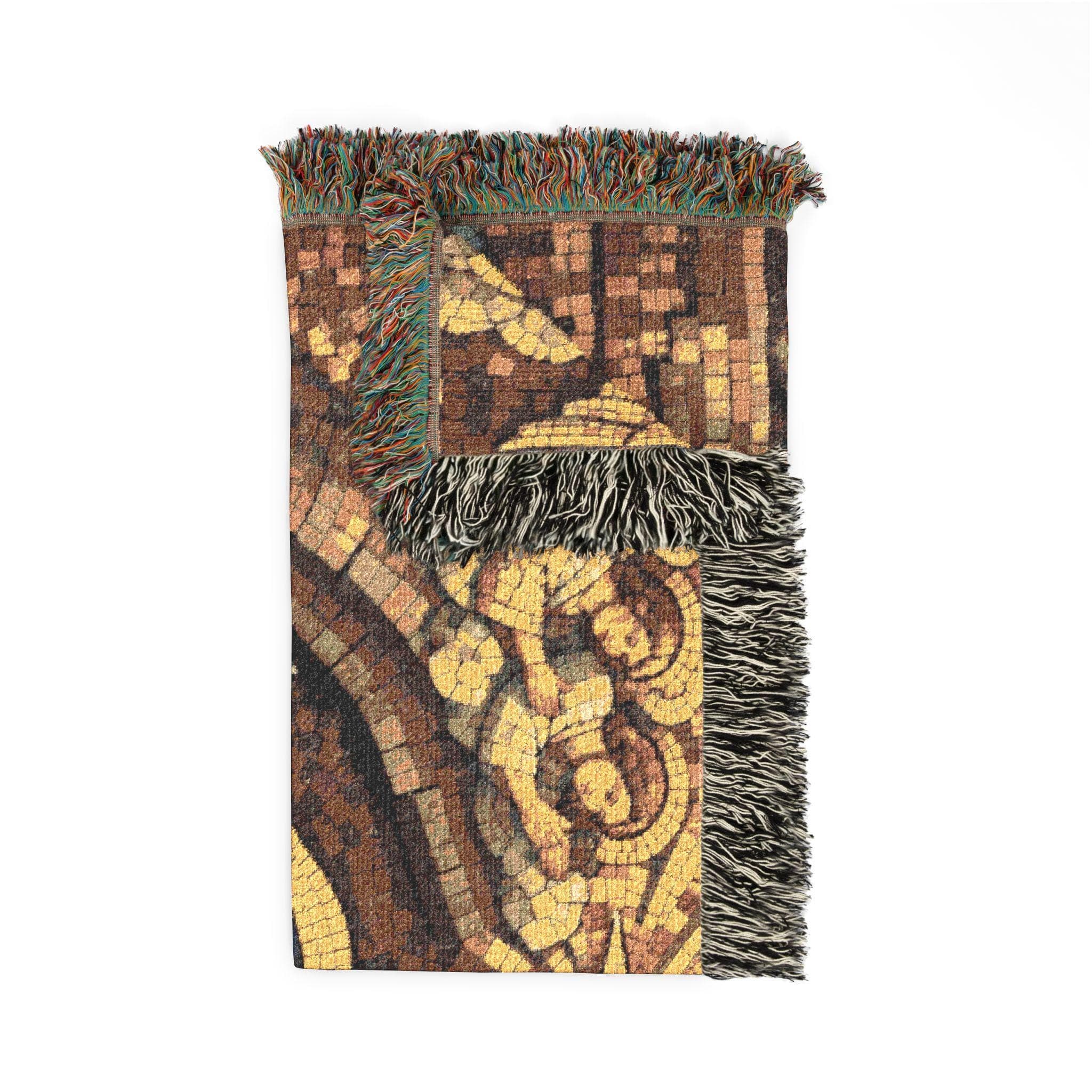 Woven tapestry blanket showing a vintage mosaic Nativity scene: Mary in a blue robe and Joseph kneeling beside baby Jesus in a manger, under the Star of Bethlehem with angels above, a shepherd, lamb, and donkey in the stable. Warm gold and earthy tones with fringed edges. Style as Christmas tapestry wall art, Holy Family wall hanging, classic wall tapestry decor for mantel, entryway, bedroom, nursery, prayer corner, or church, and a meaningful holiday gift for believers.