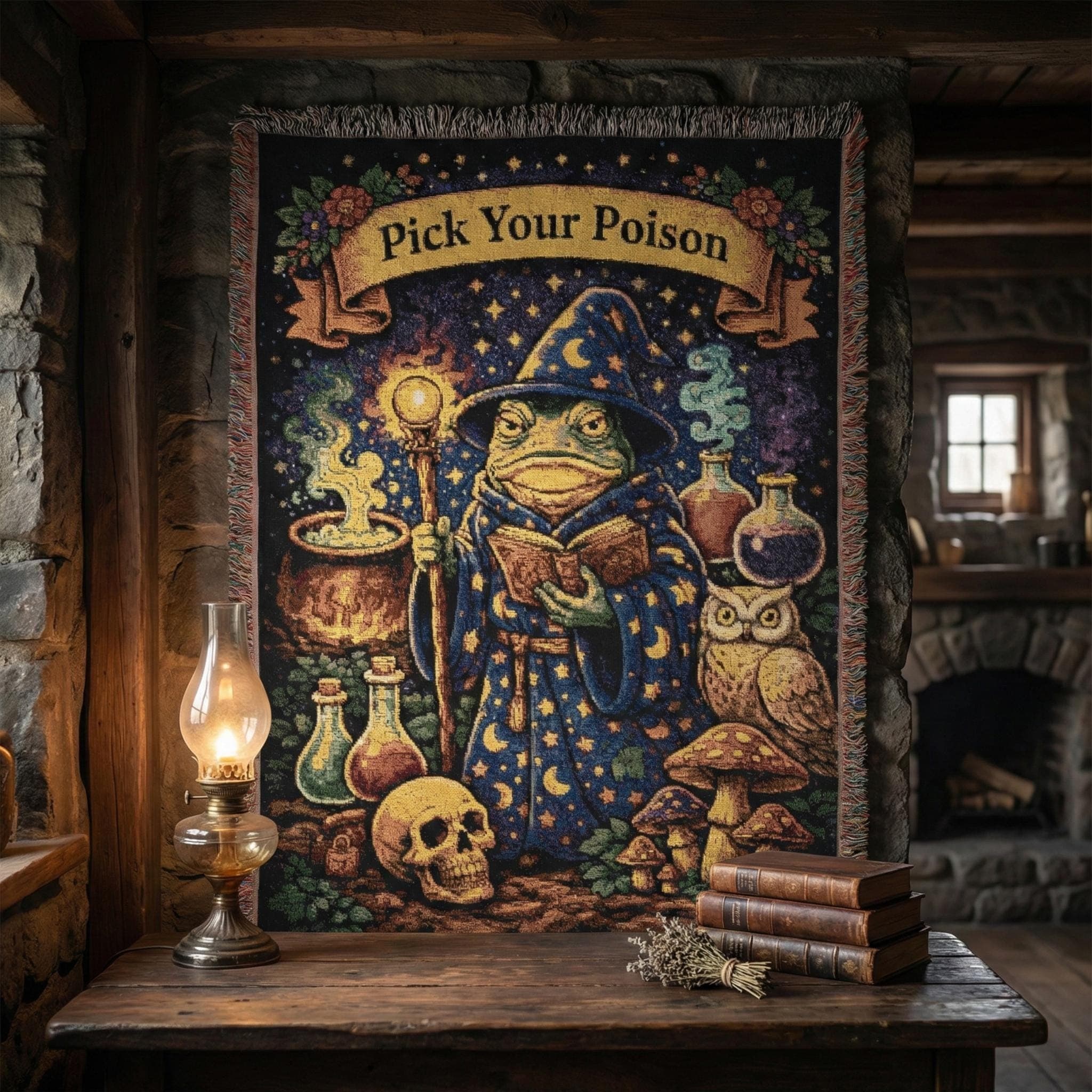 Frog Wizard Tapestry Wall Hanging Pick Your Poison Witchy Cottagecore Wall Decor Cute Woven Tapestry Throw  Blanket Fantasy Wall Art