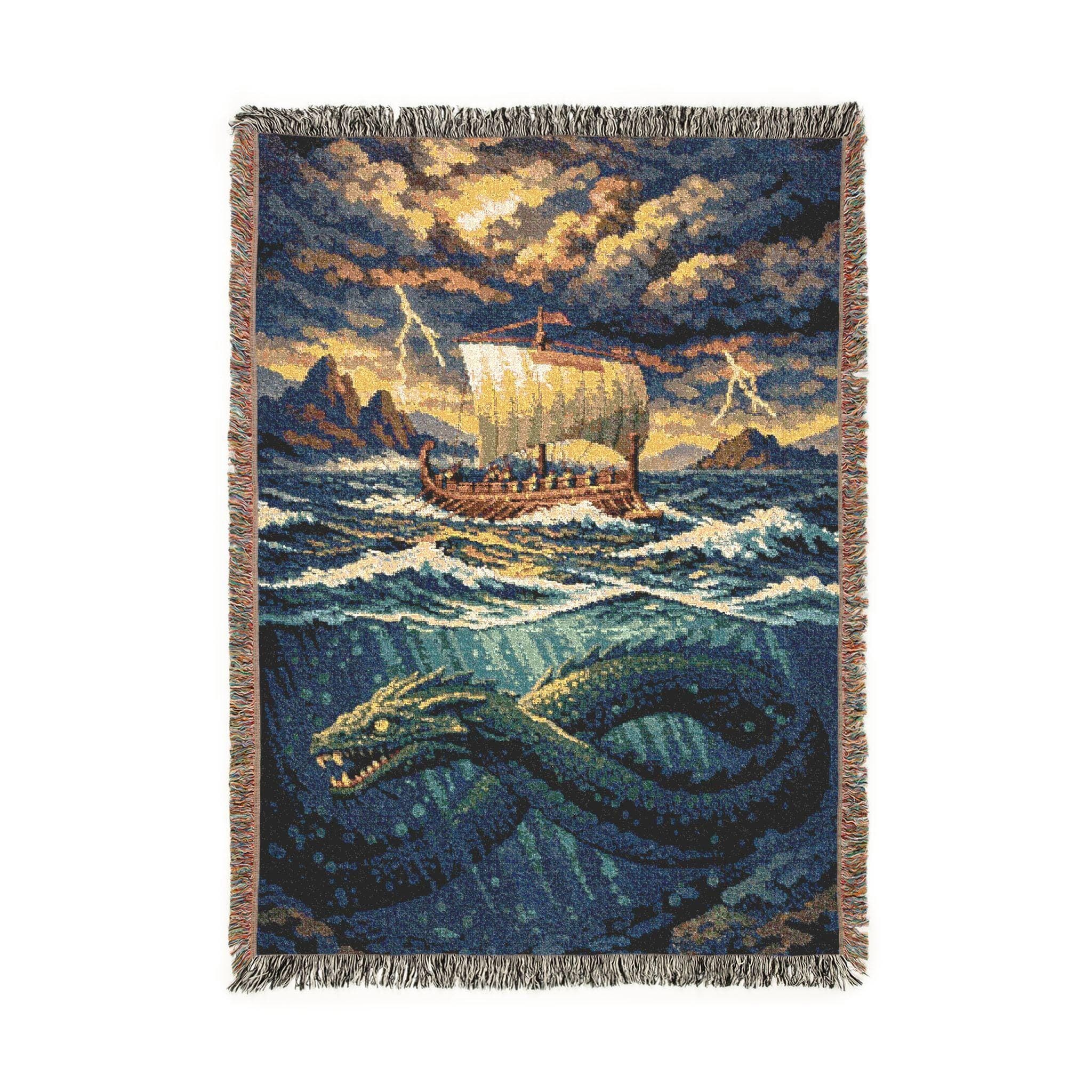 Woven tapestry wall hanging featuring a Viking longship crossing dark stormy waves beneath a lightning filled sky, while a massive sea serpent coils under the water near rocky islands. Norse fantasy wall art with dramatic ocean scenery, mythic adventure mood, and deep blue woven detail, ideal as a large wall tapestry, scenic throw blanket, game room decor, nautical home accent, and gift for mythology fans, fantasy lovers, and collectors of bold statement art.