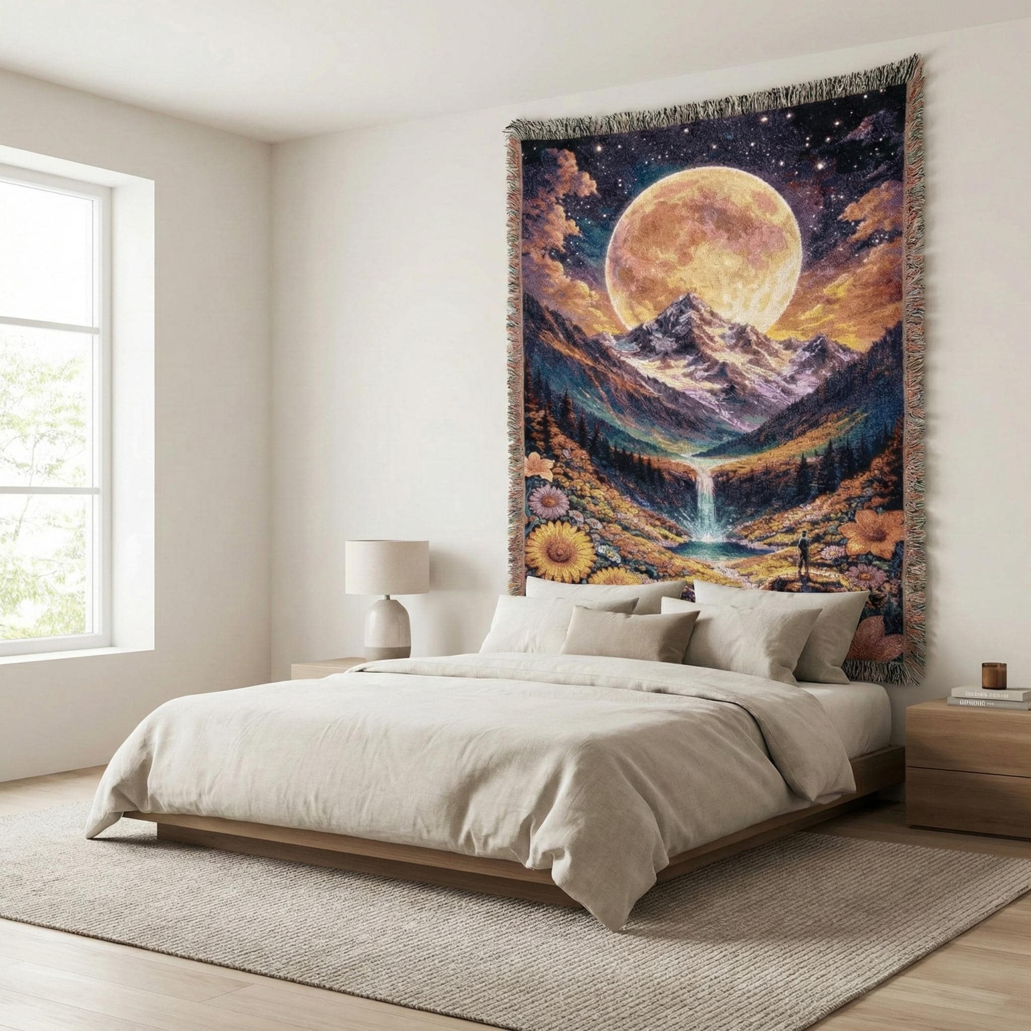 mountains, a silver waterfall into a calm lake, and a wildflower valley under a starry night sky. Rich purple, gold, and teal tones with fringe edges create cozy cottagecore-meets-celestial wall decor. Perfect statement piece for bedroom, living room, cabin, or gift for nature lovers and moon lovers. Great for boho home decor, mountain cabin vibes, stargazer aesthetic, and cozy reading nook styling.
