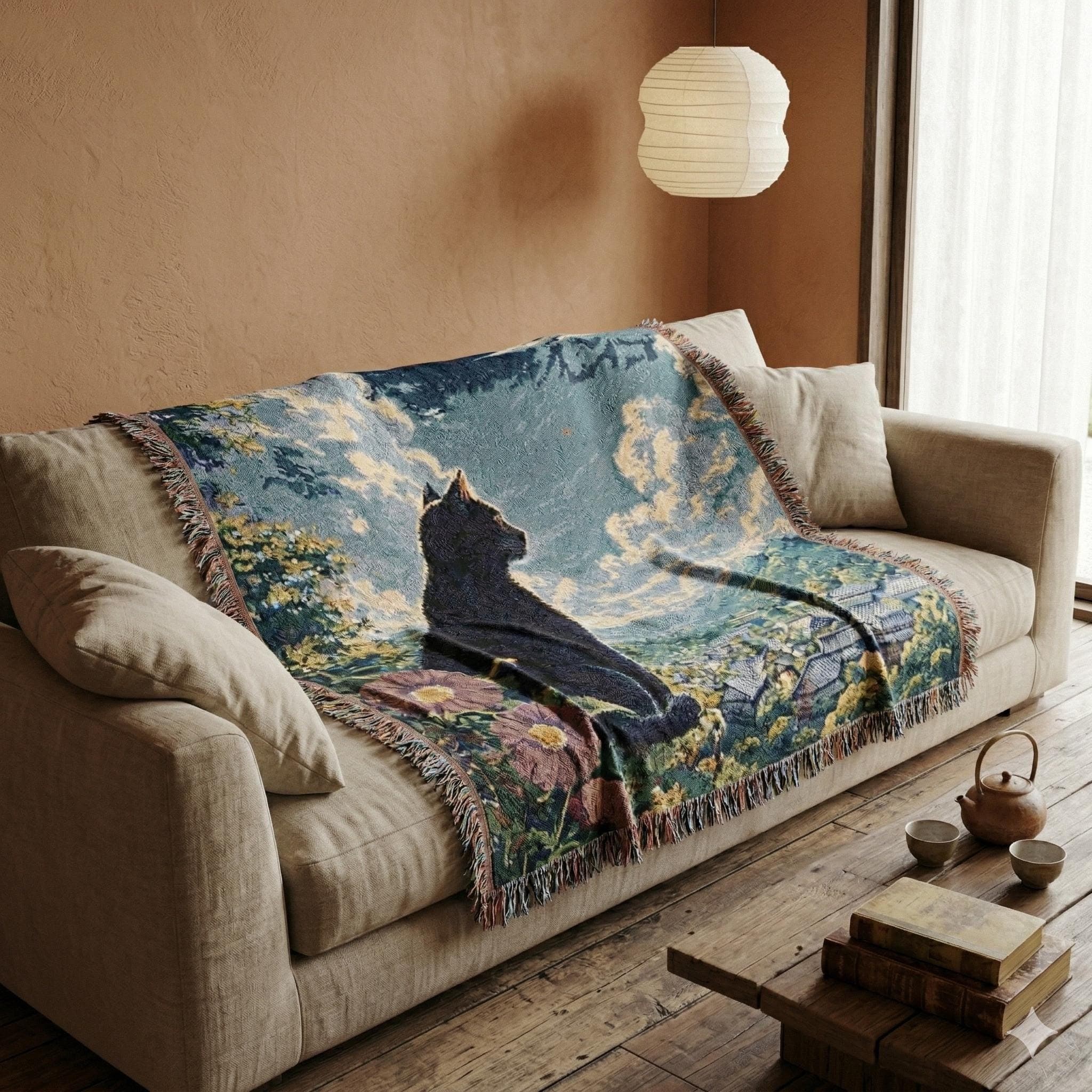 Woven tapestry wall hanging featuring a black cat sitting on a stone ledge above a quiet village with mountains, glowing clouds, and soft flowers in the foreground. Japanese inspired landscape wall art with a dreamy blue sky, peaceful scenic view, and cozy vintage textile feel. Ideal as a black cat tapestry, cat lover wall decor, mountain scenery wall hanging, gothic cat room accent, woven throw blanket, Japan inspired home decor, and unique gift for cat lovers and nature lov
