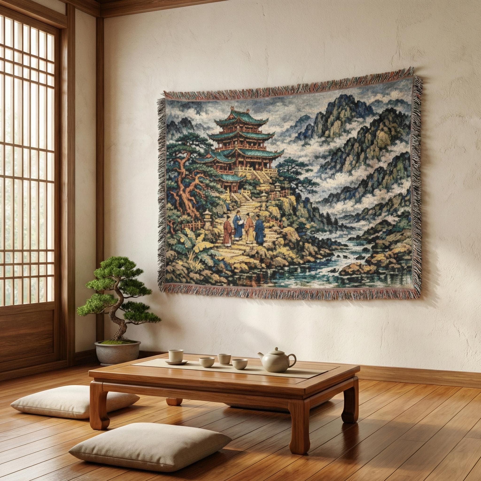 Chinese Pagoda Mountain Temple Tapestry Wall Hanging Woven Tapestry Blanket Misty River Landscape Asian Decor Zen Room Wall Art Fringe