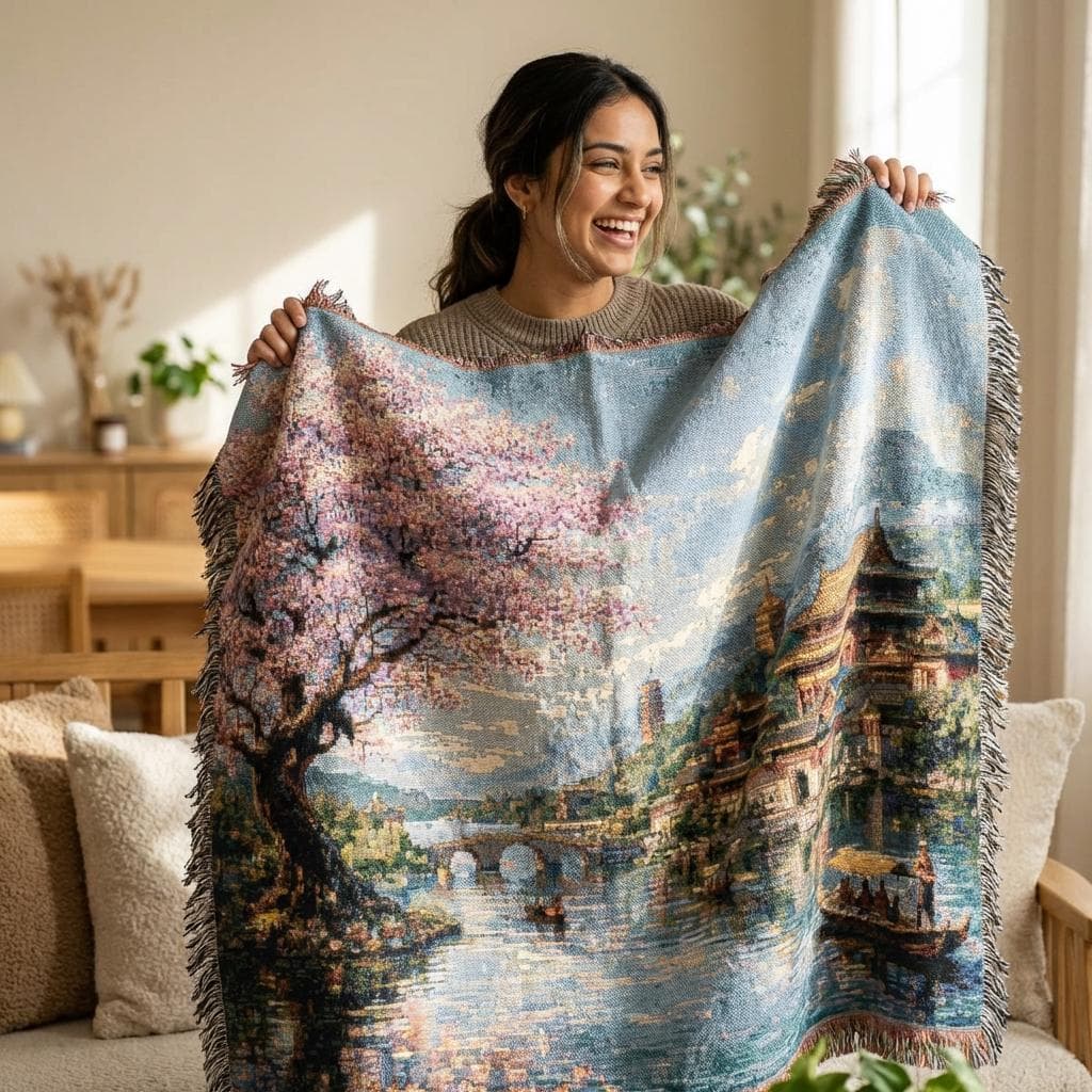 Woven tapestry wall hanging featuring a blooming cherry blossom tree beside a peaceful river with elegant Chinese palace architecture, pagoda style towers, an arched stone bridge, distant blue mountains, and small wooden boats drifting across reflective water under a bright sky. Vintage inspired Asian landscape tapestry with soft pink spring blossoms, serene garden scenery, and refined old world detail, ideal as a large wall tapestry, woven throw blanket, and gift for decor and travel art lovers