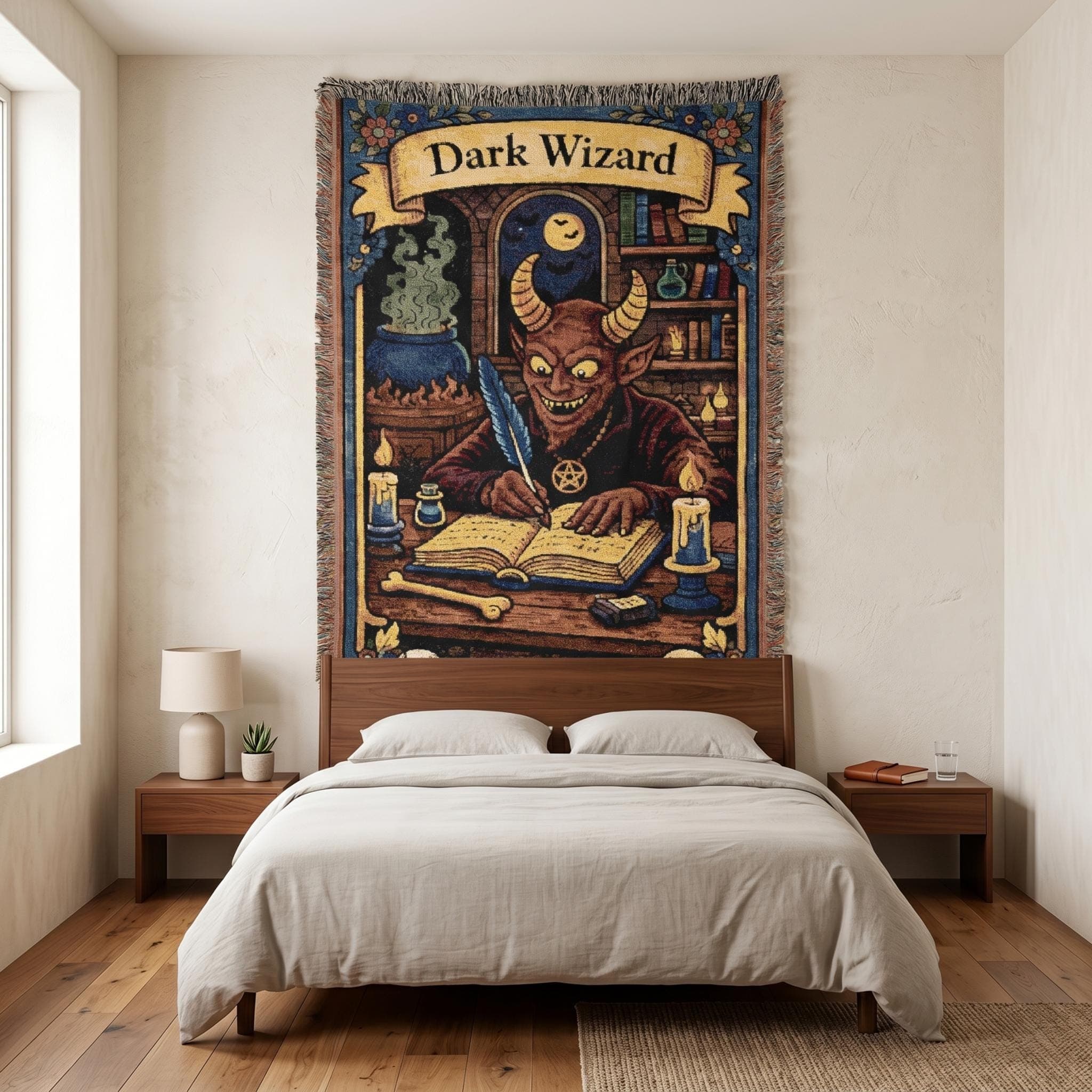 Woven tapestry wall hanging featuring a horned dark wizard writing in a spell book by candlelight, with a smoking cauldron, moonlit window, shelves of books and potions, skulls, bones, and gothic floral border detail. Fantasy wall art with witchy decor, occult study mood, and vintage woven texture, ideal as a large wall tapestry, decorative throw blanket, dark academia room accent, gaming room decor, and gift for wizard lovers, fantasy fans, dungeon masters, and Halloween home collectors.