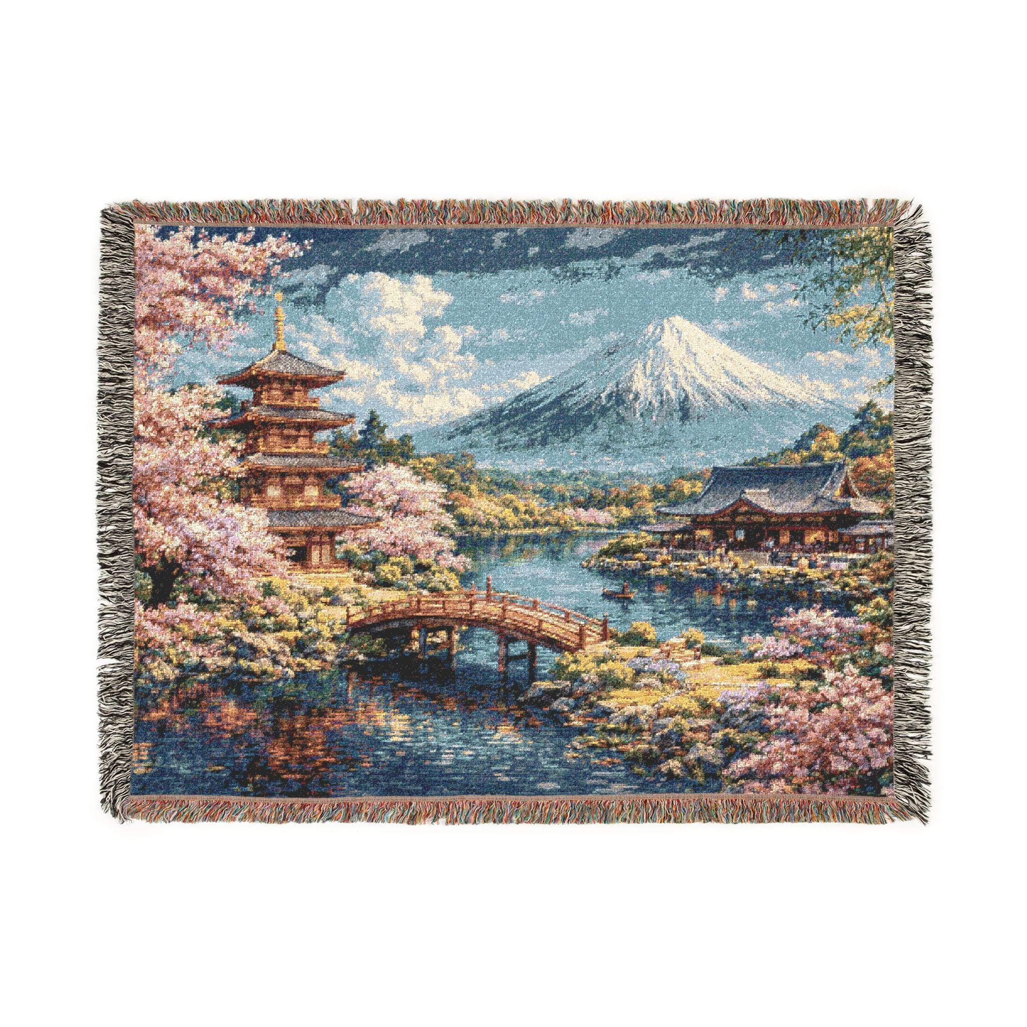Japanese Woven Tapestry Wall Hanging, Mount Fuji Pagoda & Cherry Blossoms Scenic Textile Art, Large Boho Zen Room Decor Gift for Living Room - image 4