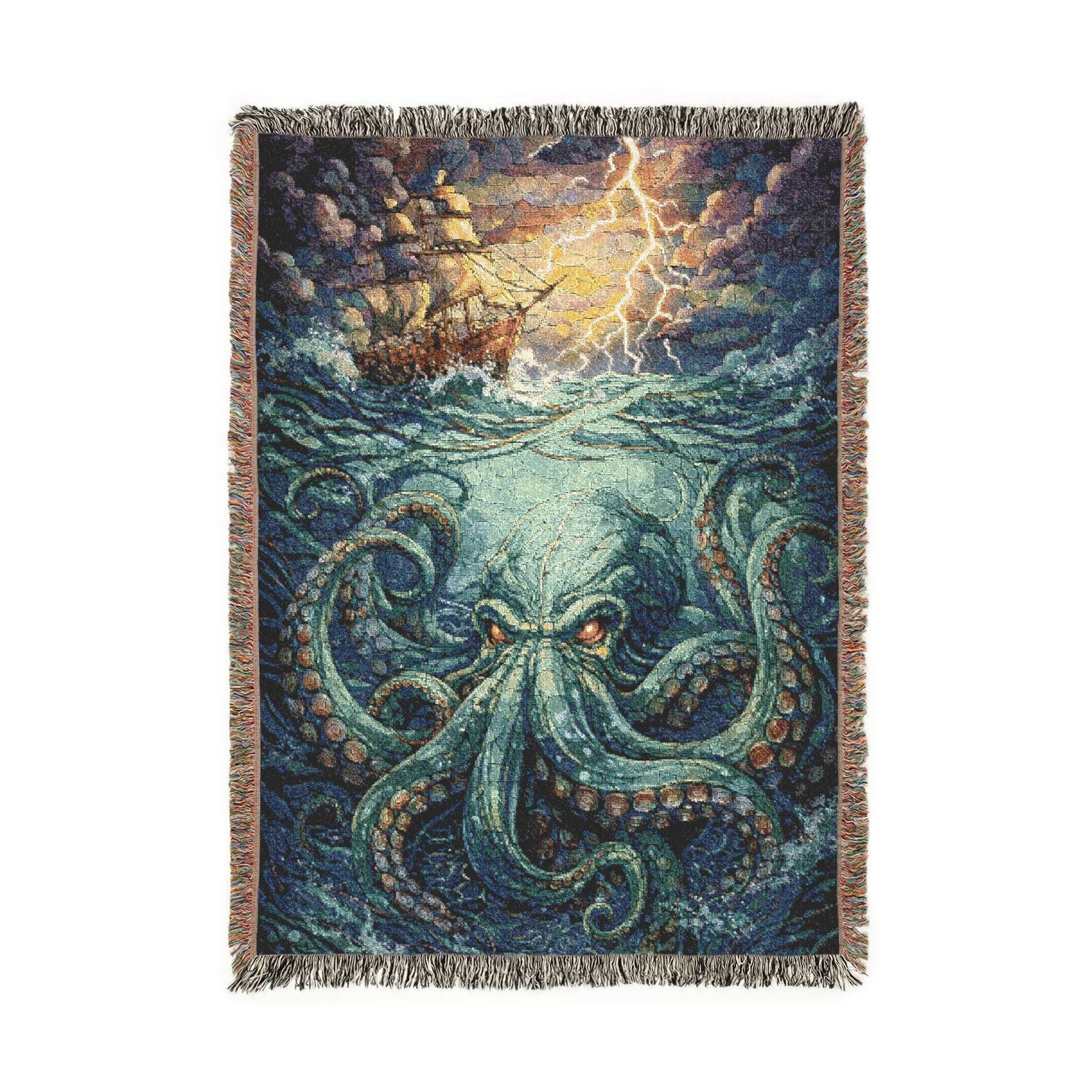Woven tapestry wall hanging featuring a giant kraken octopus sea monster rising beneath dark stormy ocean waves, with curling tentacles, glowing eyes, a pirate ship above, and lightning in the sky. Dramatic nautical wall decor in deep blue, teal, sea green, and stormy gray tones with rich woven texture and fringe. Perfect for pirate decor, fantasy game room, gothic office, bedroom, man cave. works as a woven throw blanket. Great gift for nautical lovers, octopus fans, and sea monster collectors