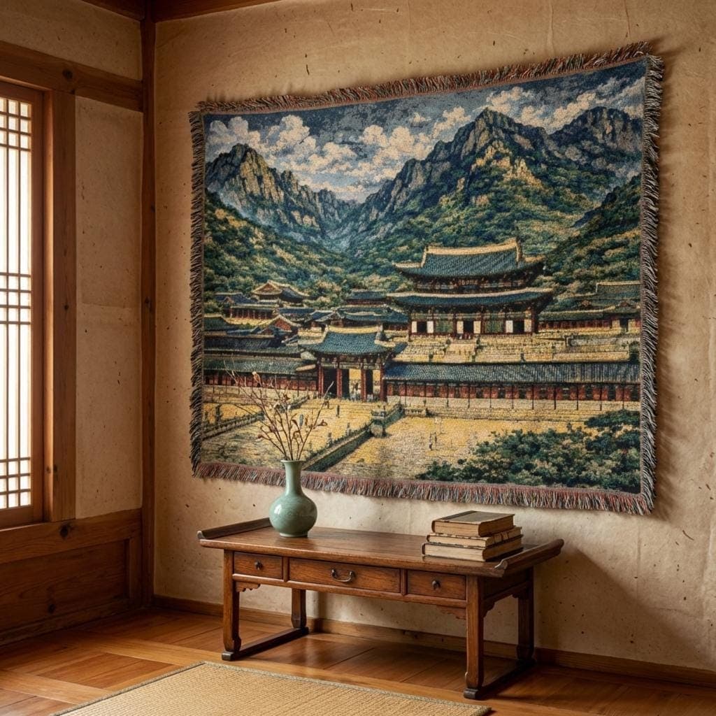 Woven tapestry wall hanging featuring a Korean palace courtyard with layered mountains and soft clouds—traditional Seoul architecture inspired by Gyeongbokgung vibes. Detailed woven texture with fringe edges, perfect as Korean decor, Asian landscape wall hanging, travel souvenir style wall art, and cozy woven throw blanket for couch or bed. Ideal gift for Korea lovers, history buffs, K-drama fans, and architecture enthusiasts.