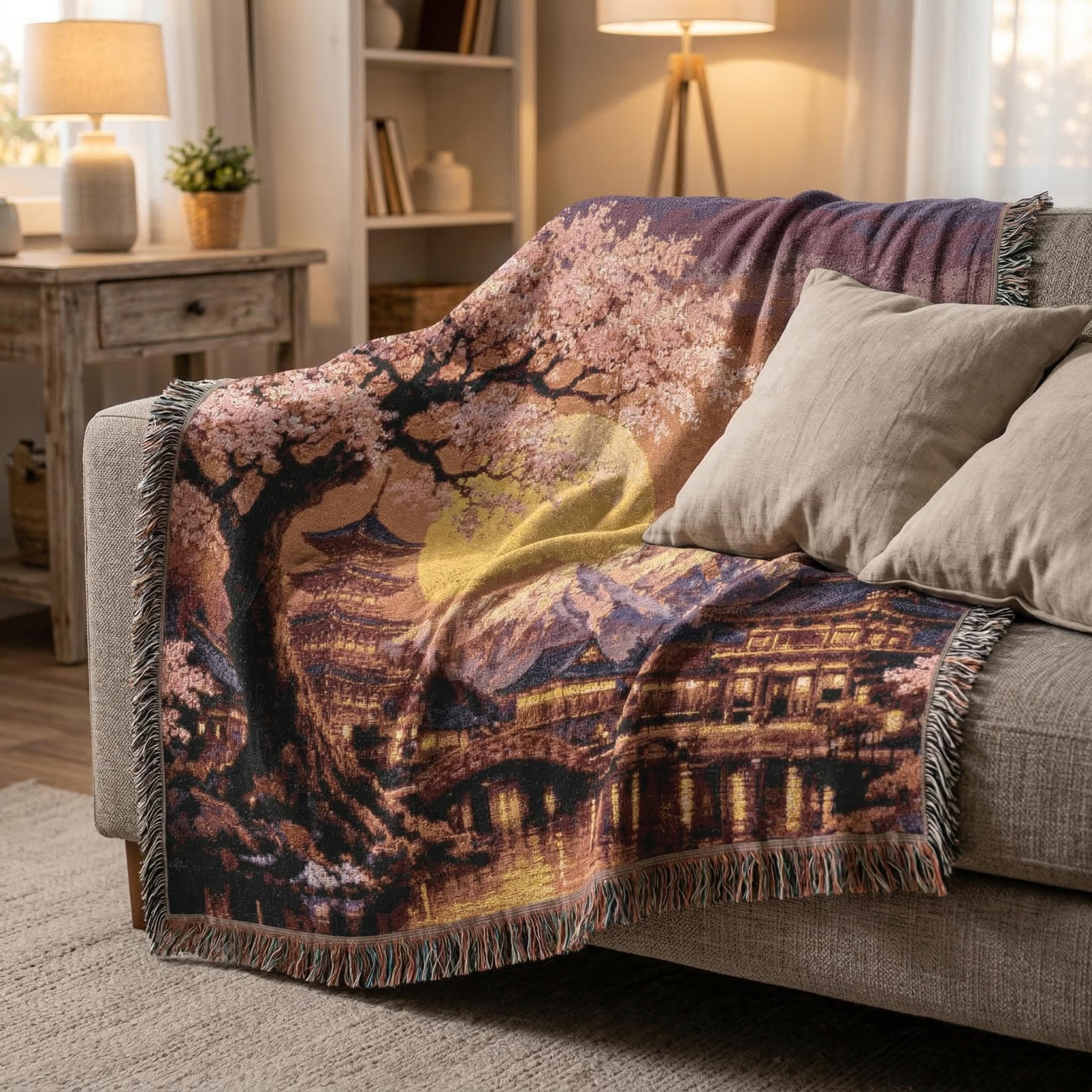 Woven tapestry wall hanging featuring a glowing cherry blossom sunset with pink sakura tree, Japanese temple buildings, pagoda, bridge, reflective water, and snowcapped mountains in the background. Asian landscape decor in warm peach, gold, lavender, and deep blue tones with rich woven texture and fringe. Perfect for bedroom, living room, reading nook, meditation room, or as a woven throw blanket. Ideal gift for sakura lovers, Japan decor fans, and peaceful nature-inspired home styling.