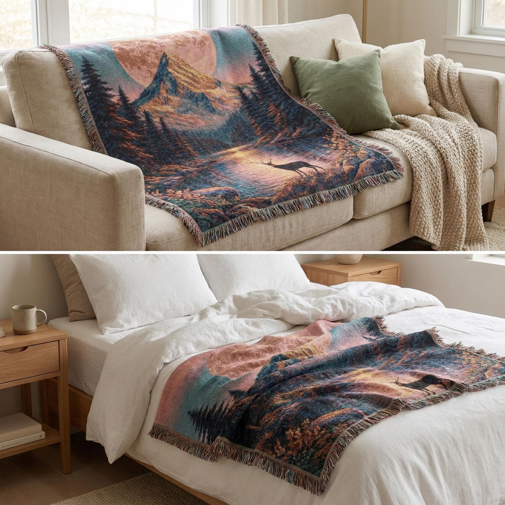 Woven tapestry wall hanging with a glowing full moon behind a snowcapped peak, pine forest, and lake reflection with a deer at the shore. Scenic mountain landscape in rustic cabin lodge style with sunset pink and deep blue tones, wildflower foreground, and fringe trim. Perfect as large tapestry wall art for bedroom, living room, dorm, studio, or cabin decor, and also cozy as a woven throw blanket for chilly nights. Gift for hikers, campers, mountain lovers, and wildlife fans.