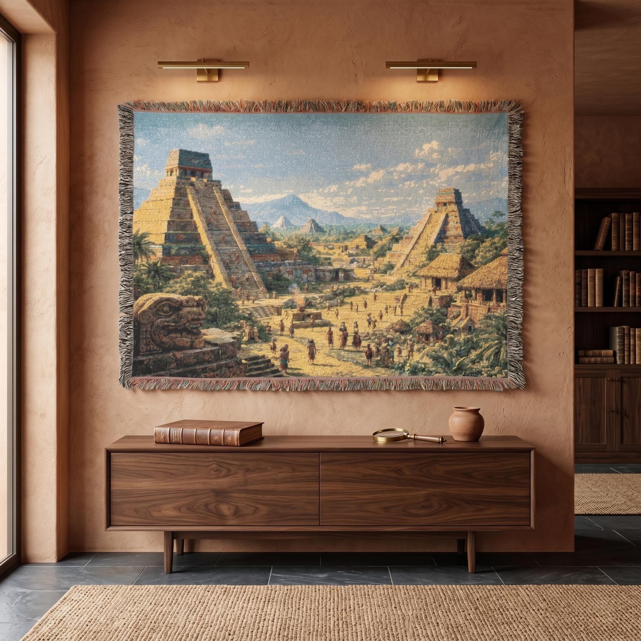 Ancient Mayan Tapestry Wall hanging Mesoamerican Pyramid Tapestry Woven Throw Blanket Temple Wall Art Ruins Decor Historic Ruins Home Decor