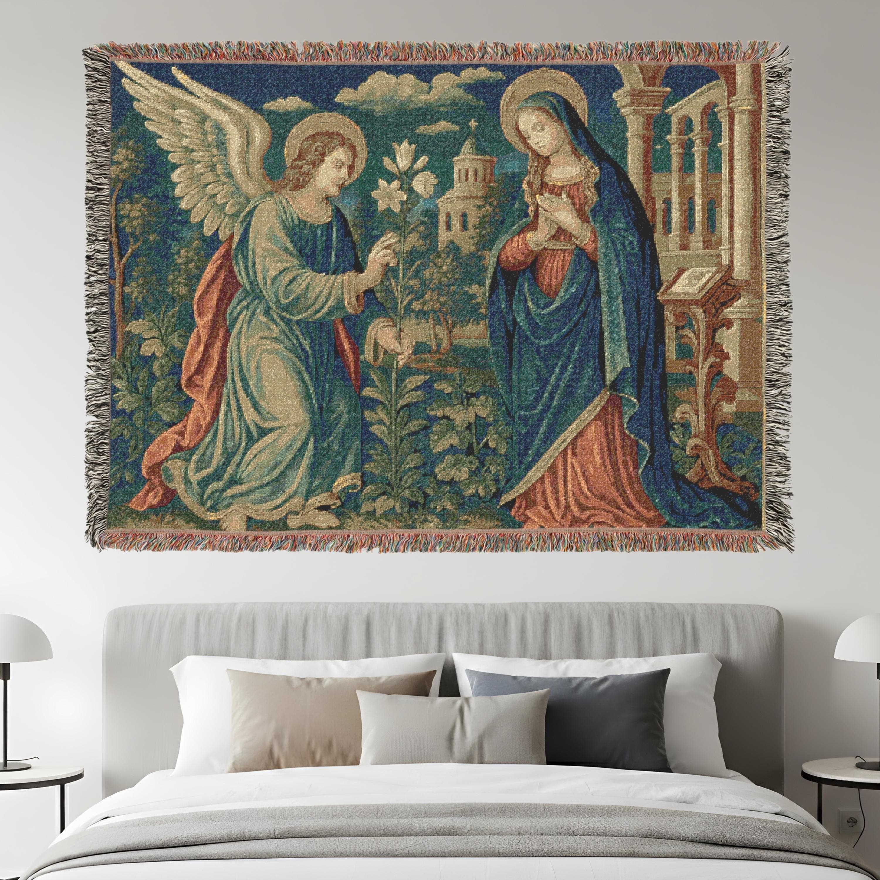 Vintage Woven Blanket Tapestry Throw Wall Hanging European Decor Sacred Art Renaissance Angel and Madonna Antique Tapestry Verdure Wall Art - image 5