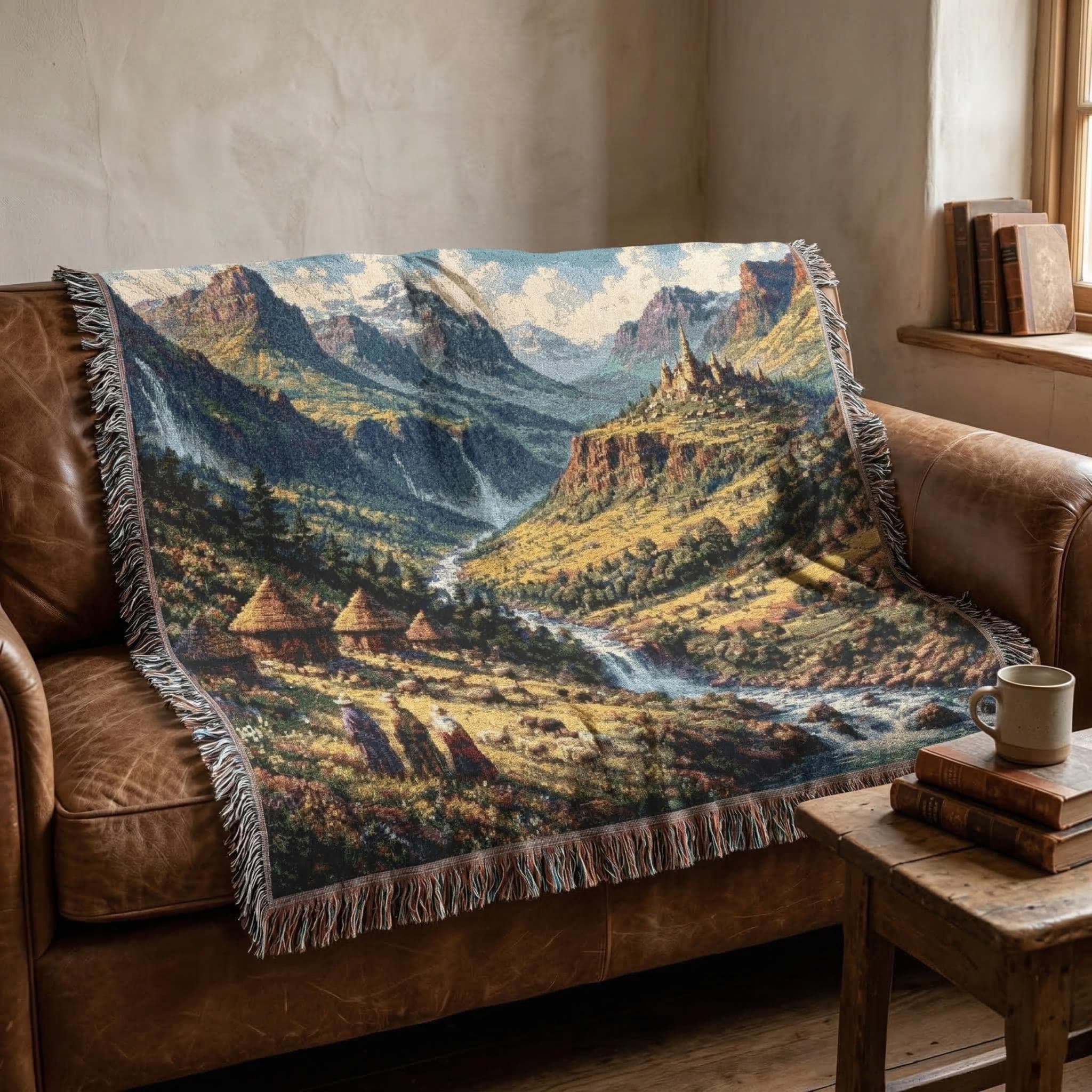 Woven tapestry wall hanging featuring a fantasy mountain valley with waterfalls, river, hillside huts, and a distant medieval castle under a bright sky. Scenic fantasy landscape decor with rich woven texture and fringe, ideal for bedroom, office, game room, reading nook, or study. Also works as a woven throw blanket. Perfect for castlecore decor, RPG room styling, medieval fantasy interiors, and gifts for fantasy lovers, readers, writers, and mountain landscape fans.