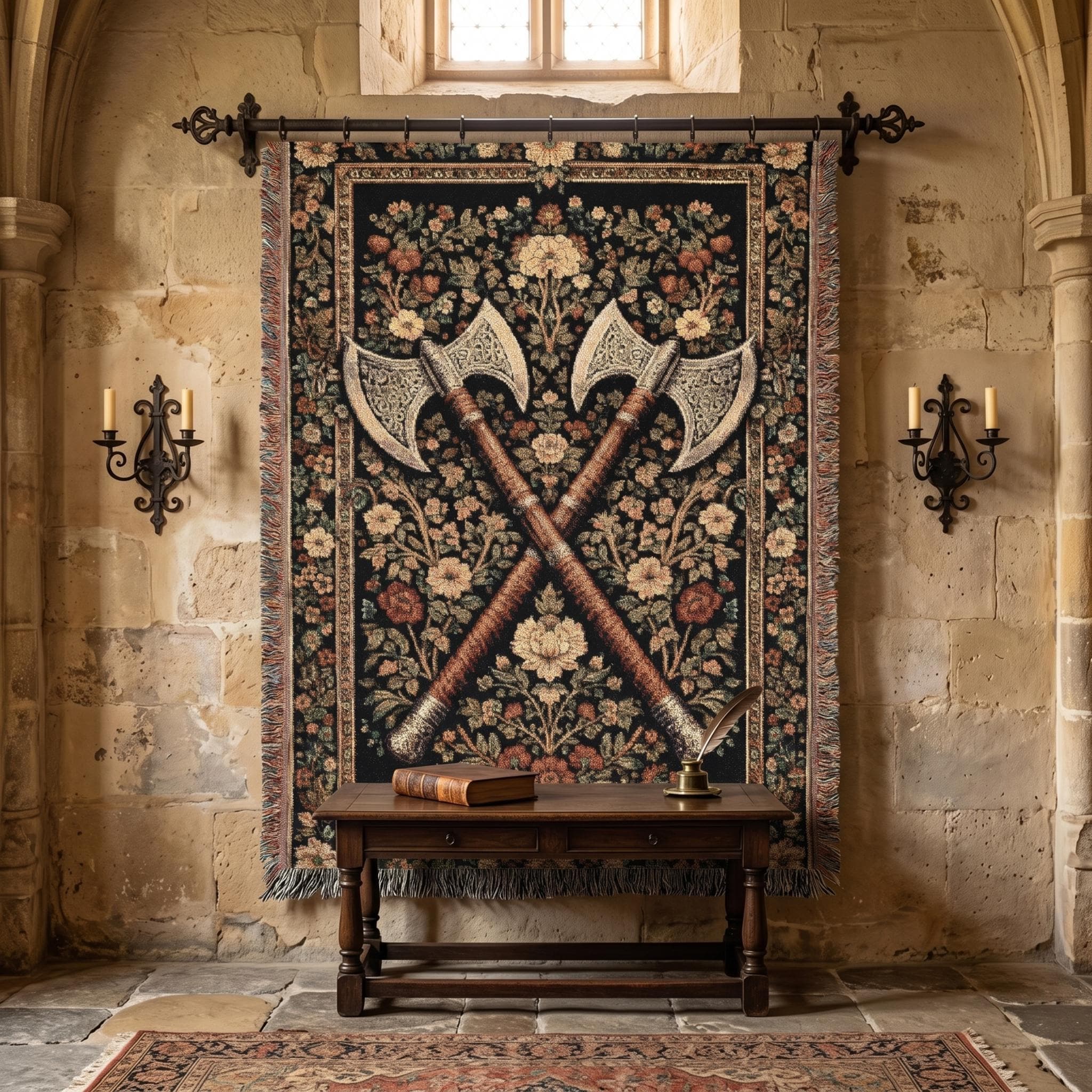 Medieval Axe Tapestry Wall Hanging Gothic Floral Wall Art Woven Throw Blanket Viking Decor Dark Cottagecore Gift Vintage Tapestry Home Decor