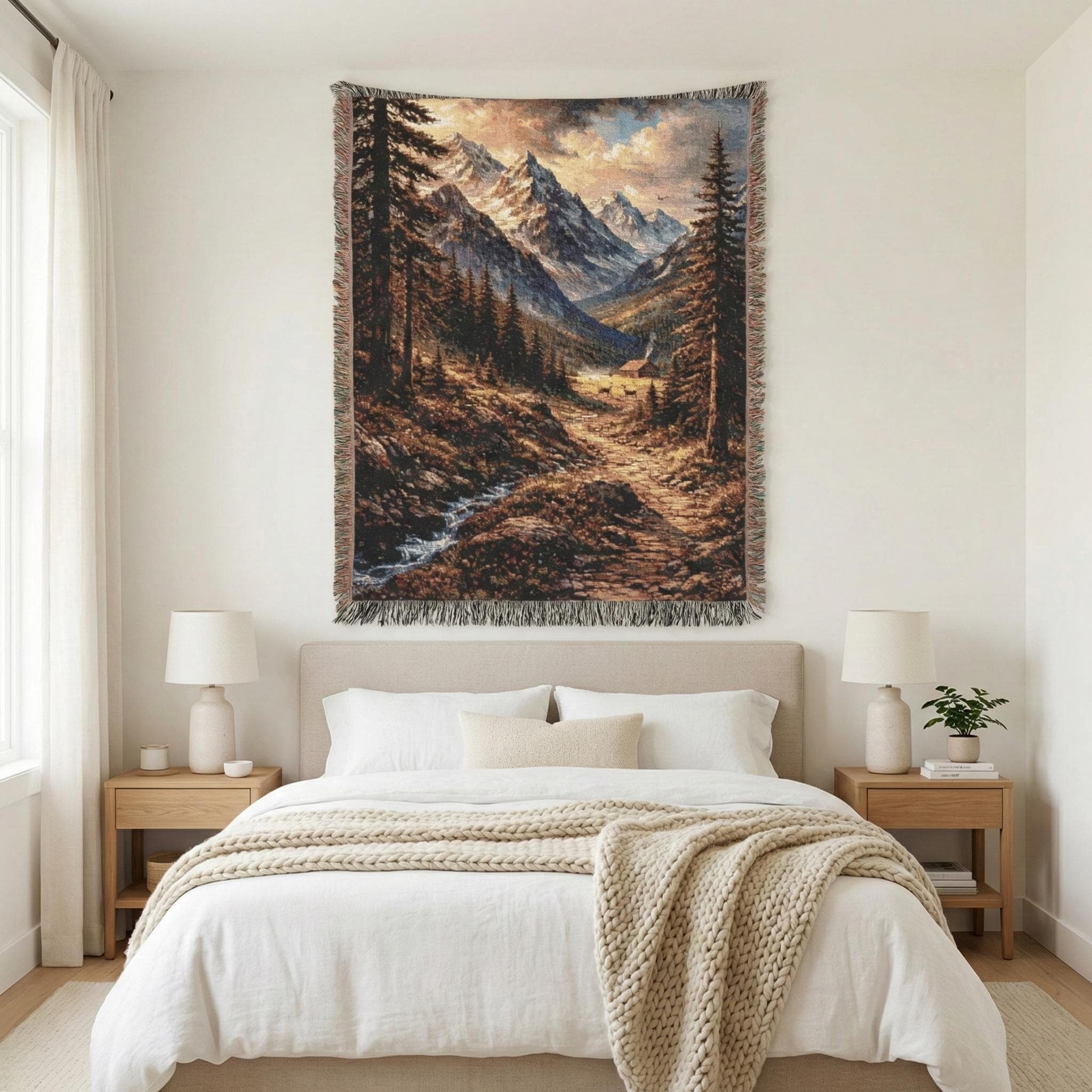 Jacquard woven tapestry throw blanket with fringe, vertical mountain landscape showing a winding trail through pine forest, rocky creek, and golden sunset light on snowcapped peaks. Cozy cabin tucked in the valley with meadow glow, rustic lodge wall hanging look for cabin decor, mountain home, or cozy living room. Perfect gift for hikers, campers, outdoor lovers, and nature photography fans; use as large wall tapestry, couch throw, or classic woven tapestry art accent.