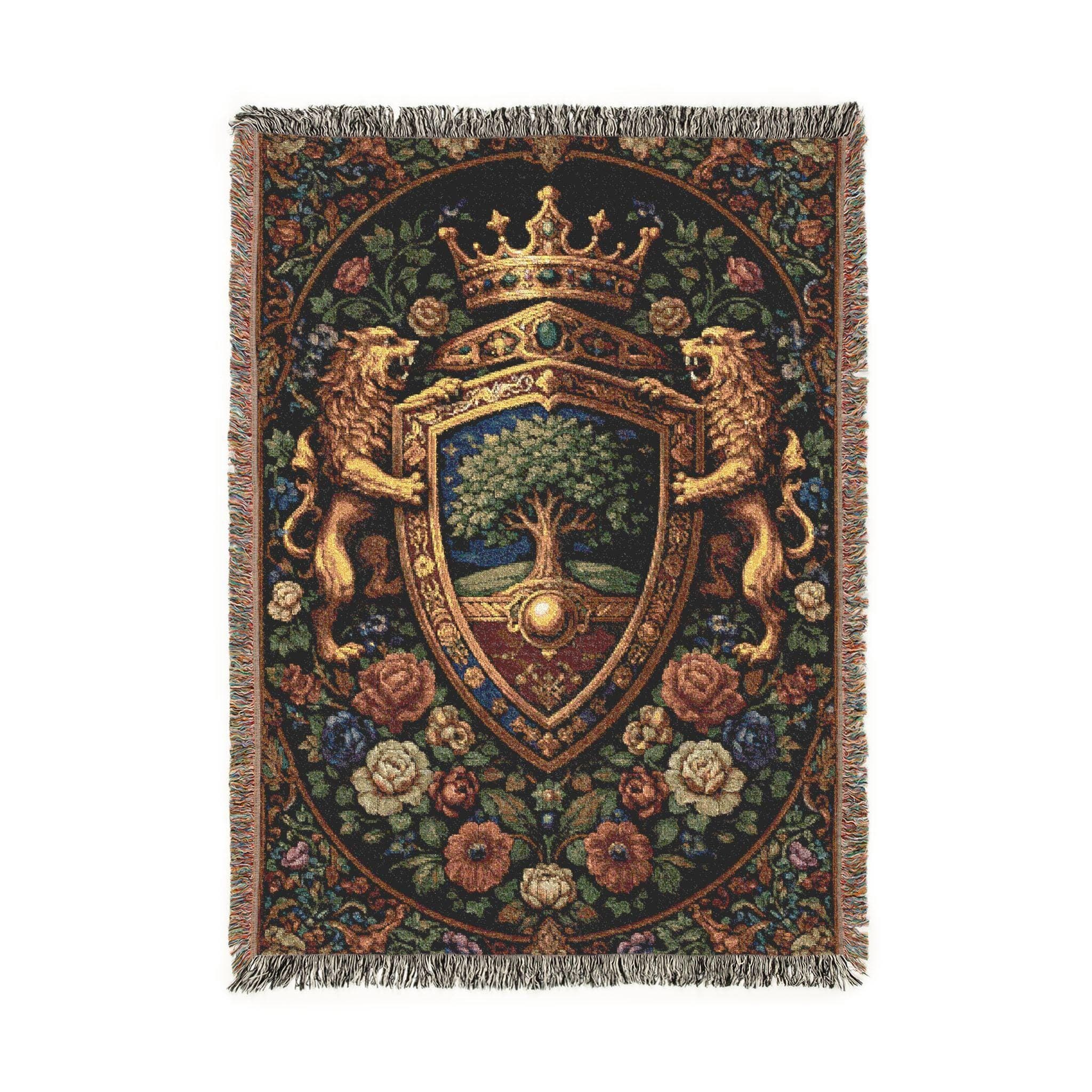 Jacquard woven tapestry blanket featuring a royal heraldic shield coat of arms with crowned lions, ornate shield crest and tree emblem, framed by a dark floral verdure border. Classic French tapestry wall hanging with fringe in rich navy, gold, burgundy, green and antique rose tones. Use as large wall tapestry for living room, bedroom, office or game room, or as a woven throw on bed or chair. Gift for castlecore decor lovers, medieval and renaissance fans, history buffs, fantasy readers.