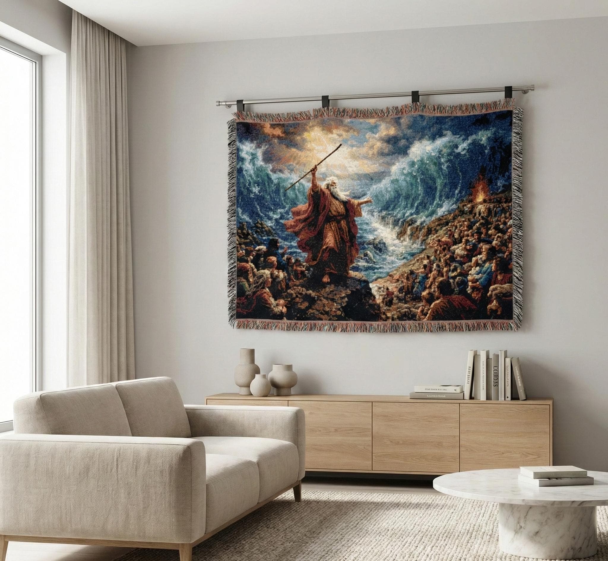 Horizontal jacquard woven tapestry wall hanging featuring Moses raising a staff as the Red Sea parts with towering ocean waves and a dramatic sky, with people gathered on both sides. Classic Bible scene religious wall decor in deep blue, and warm gold tones with vintage woven texture and fringe edges. Use as large wall tapestry for living room, entryway, bedroom, church or prayer space, or as a cozy woven throw blanket. Meaningful Christian gift for faith decor lovers and Bible story collectors