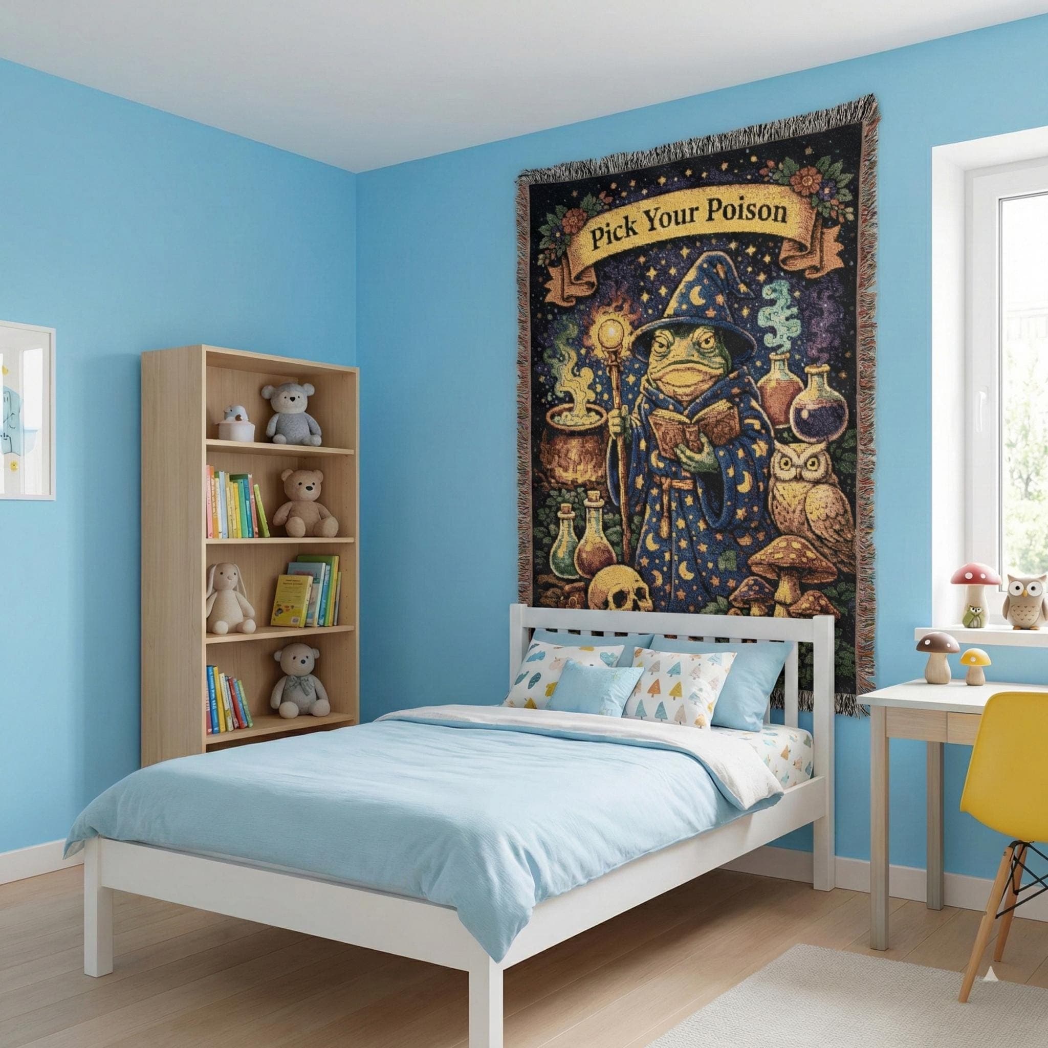 Woven tapestry wall hanging and woven throw blanket featuring a whimsical frog wizard beneath a starry night sky, holding a spellbook and staff. Surrounded by a bubbling cauldron, potion bottles, skull, owl, and mushrooms with the phrase “Pick Your Poison.” Funny witchy cottagecore wall art for fantasy decor, DnD game room, gothic cabin, Halloween corner, or eclectic living room. Fringe edges, cozy woven texture, magical alchemy vibe. Ideal gift for tabletop gamers, witches, and frog lovers.