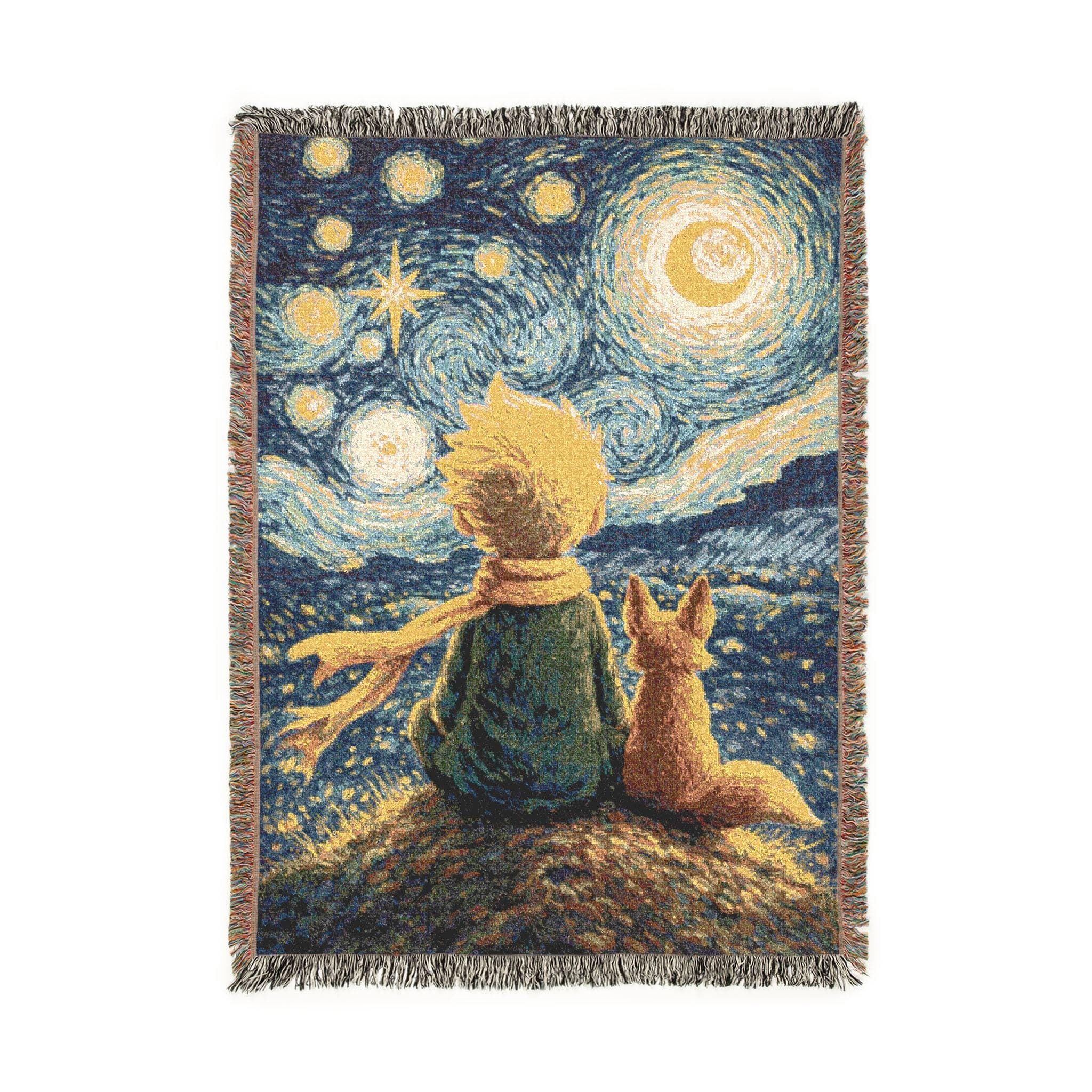 Woven tapestry wall hanging featuring a whimsical boy and fox sitting together under a glowing starry night sky with swirling celestial clouds, moon, stars, and deep blue painterly texture. Storybook inspired wall decor with warm golden highlights and fringe edges, perfect for bedroom, nursery, dorm, reading nook, or cozy living room styling. Also works as a woven throw blanket. Great gift for fox lovers, stargazers, whimsical decor fans, and celestial room decor collectors.