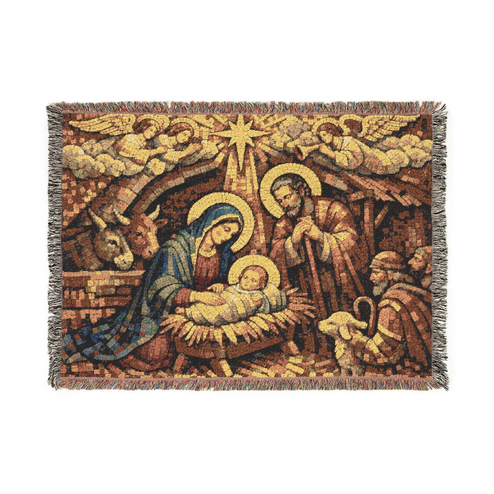 Woven tapestry blanket showing a vintage mosaic Nativity scene: Mary in a blue robe and Joseph kneeling beside baby Jesus in a manger, under the Star of Bethlehem with angels above, a shepherd, lamb, and donkey in the stable. Warm gold and earthy tones with fringed edges. Style as Christmas tapestry wall art, Holy Family wall hanging, classic wall tapestry decor for mantel, entryway, bedroom, nursery, prayer corner, or church, and a meaningful holiday gift for believers.