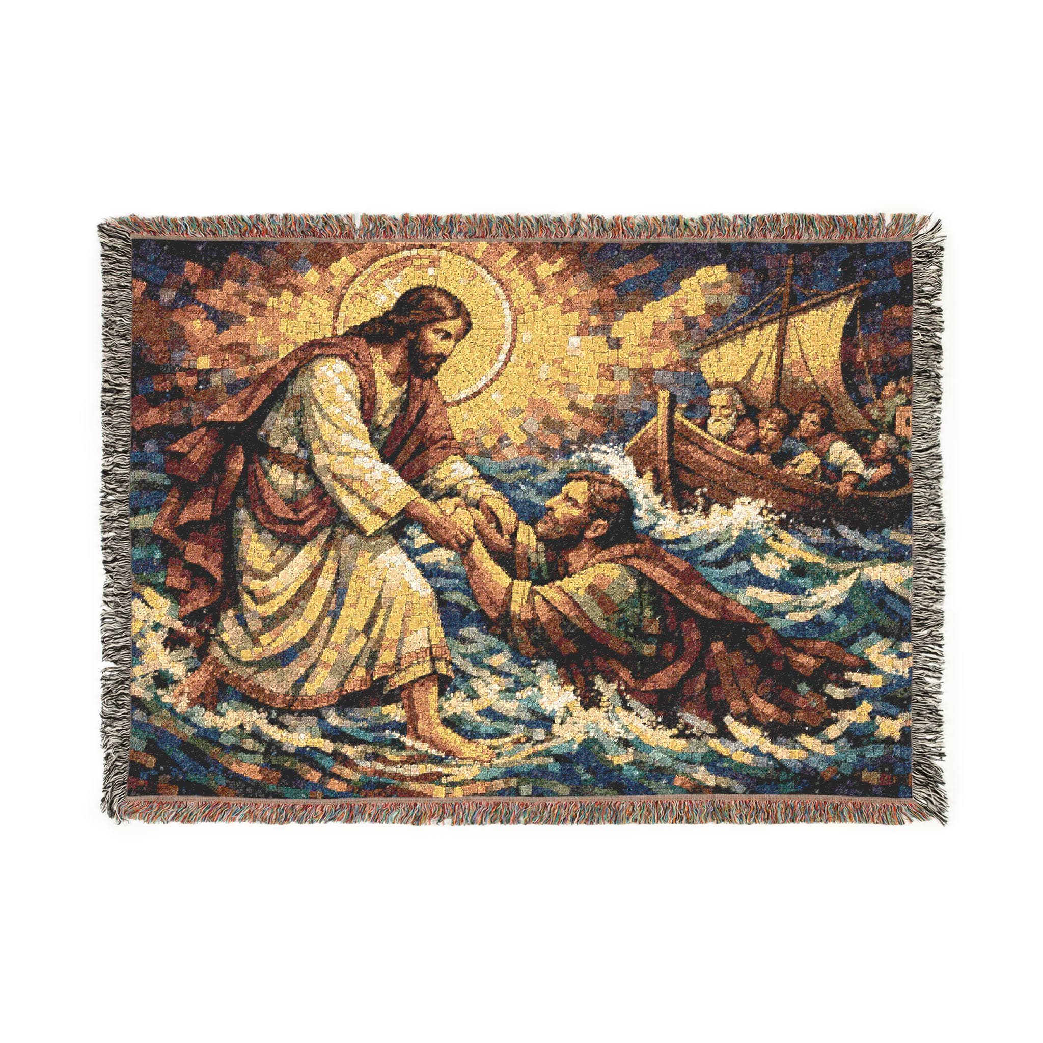 Woven tapestry blanket featuring Jesus walking on water, reaching to lift a disciple from the waves, with a boat of apostles behind and a radiant golden halo in a vintage mosaic look. Ocean blues, foaming water, and warm gold tones create classic sacred art style. Use as tapestry wall art or woven wall hanging with fringed edges for Christian or Catholic decor in a prayer corner, entryway, bedroom, or church, and a meaningful religious gift for baptism, confirmation, Easter, or house blessing.