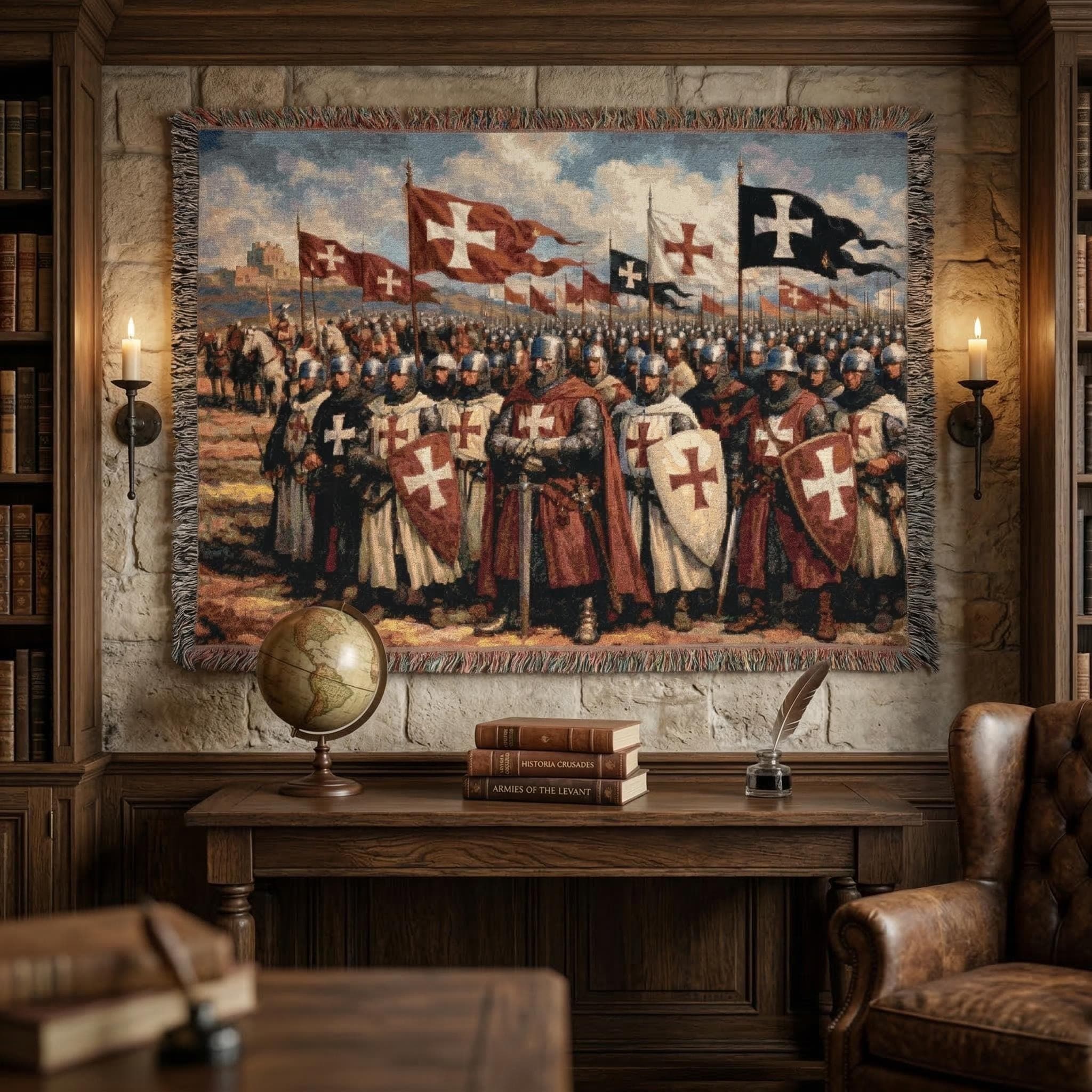 Medieval Crusader Knight Tapestry Wall Hanging Antique Battle Banner Woven Throw Blanket Templar Cross Wall Decor History Wall Art Gift Idea