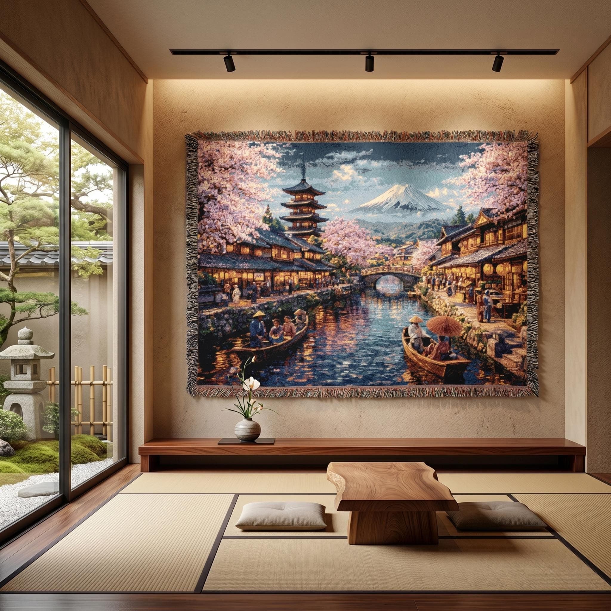 Cherry Blossom Tapestry Wall Hanging Japanese Village Wall Art Woven Throw Blanket Sakura Canal Pagoda Mount Fuji Scenic River Town Gift