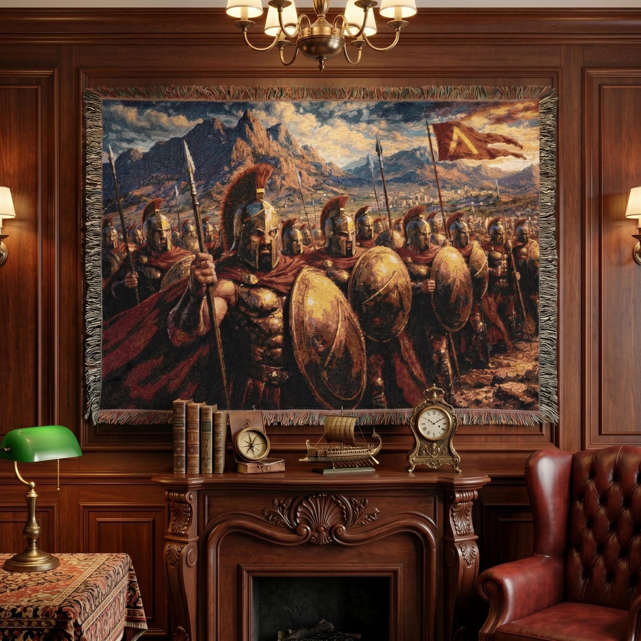 Woven tapestry wall hanging featuring a dramatic line of Spartan warriors in bronze helmets, red cloaks, and round shields, marching with spears beneath battle banners and rocky mountains. Ancient Greek wall art with heroic army detail, warm earth tones, and historic battlefield atmosphere, ideal as a large wall tapestry, decorative throw blanket, office accent, study decor, and gift for history lovers, classical art collectors, and fans of warrior themed home decor.