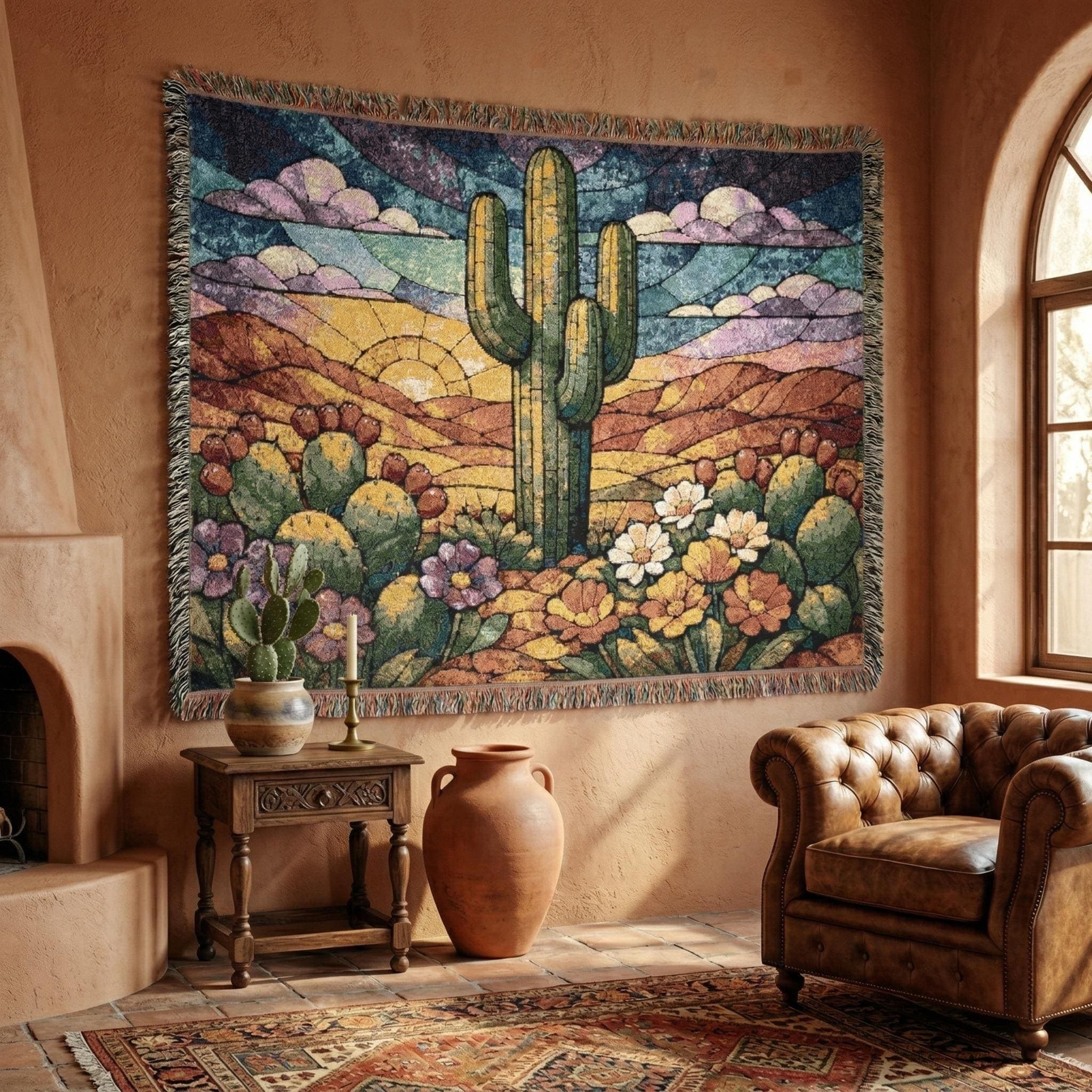 Southwestern Cactus Tapestry Wall Art Desert Wall Hanging Woven Throw Blanket Saguaro Decor Desert Floral Boho Arizona Decor Western Home