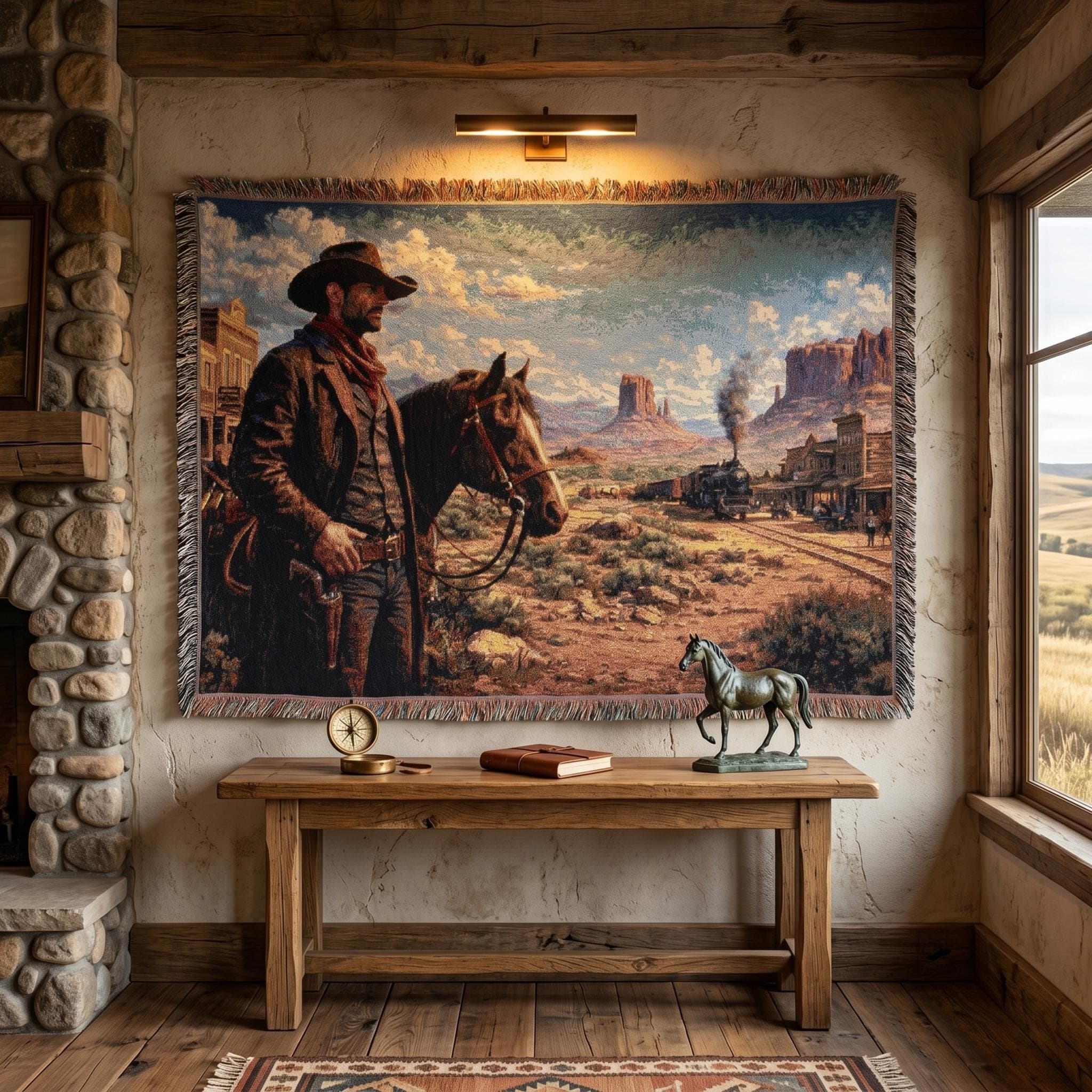Western Cowboy Tapestry Wall Hanging Old West Wall Art Horse Ranch Decor Western Desert Scene Throw Blanket Man Cave Decor Gift for Him