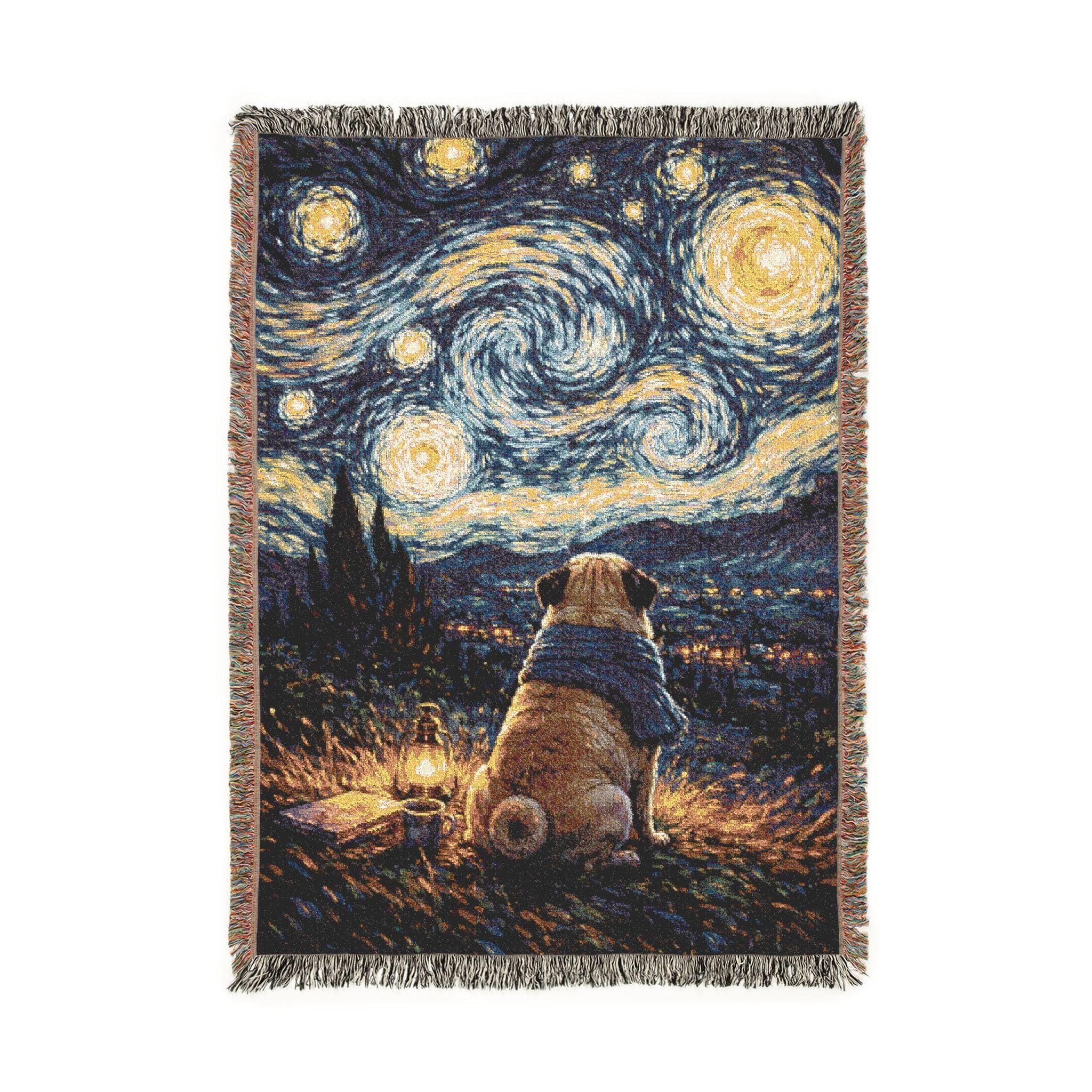 Woven tapestry wall hanging featuring a cozy pug dog wrapped in a blue scarf, sitting on a hill beside a small lantern and mug, gazing at a swirling Starry Night inspired sky with bright moons and stars. Vintage painterly texture with deep blues and golden lights, perfect as a tapestry wall decor, classic wall hanging, woven throw blanket, or bedspread. Ideal gift for pug moms, dog lovers, and art lovers for bedroom, living room, dorm, or cozy cottagecore space.