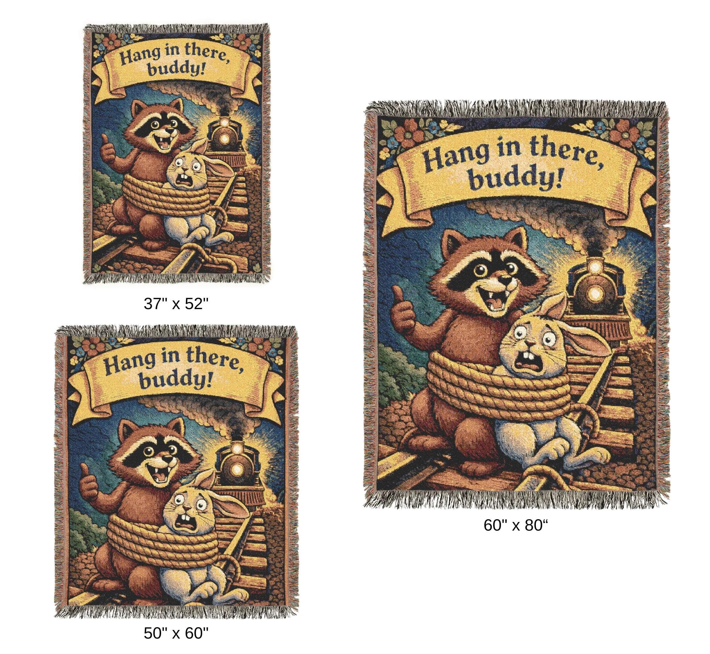 Funny Raccoon Tapestry Wall Hanging Hang in There Buddy Bunny Rabbit Train Humor Woven Throw Blanket Meme Wall Art Funny Animal Kids Gift - image 5