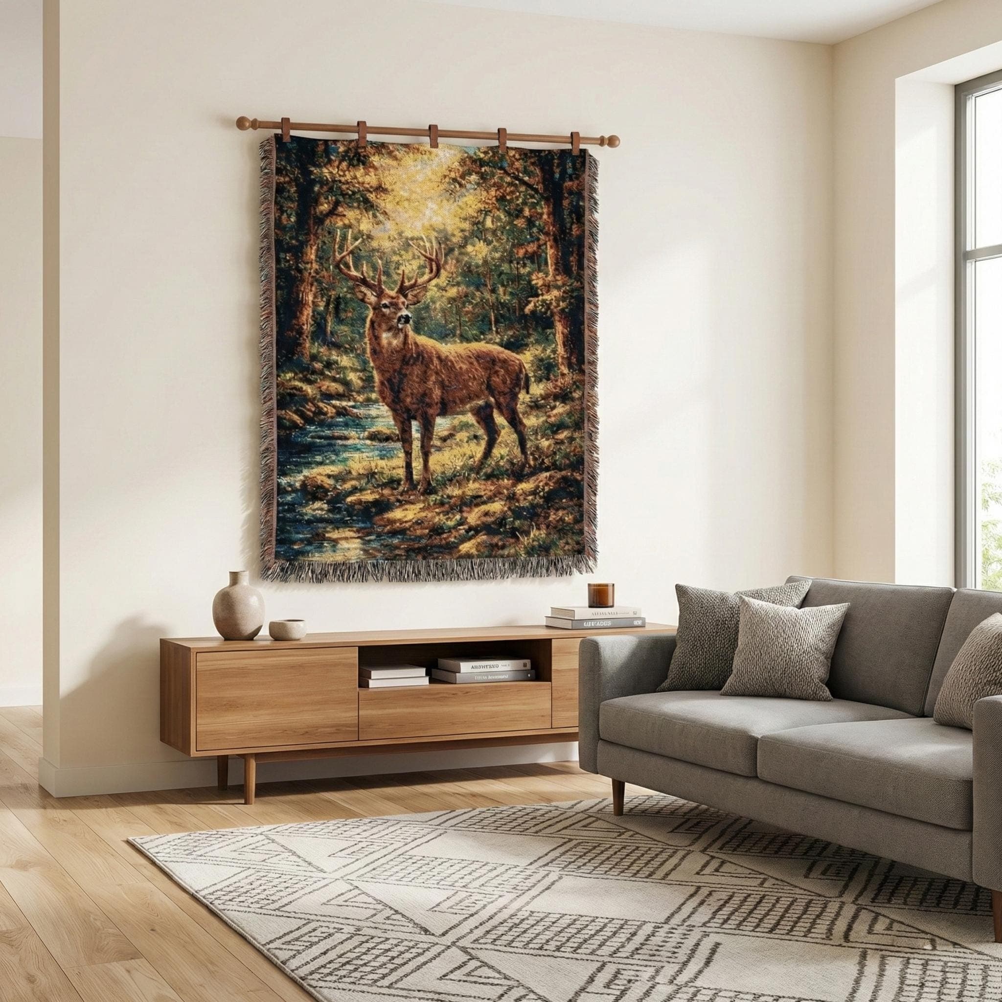 Deer Tapestry Wall Hanging Stag Woodland Wall Decor Woven Blanket Rustic Cabin Decor Forest Nature Wall Tapestry Woven Throw Fringe Art