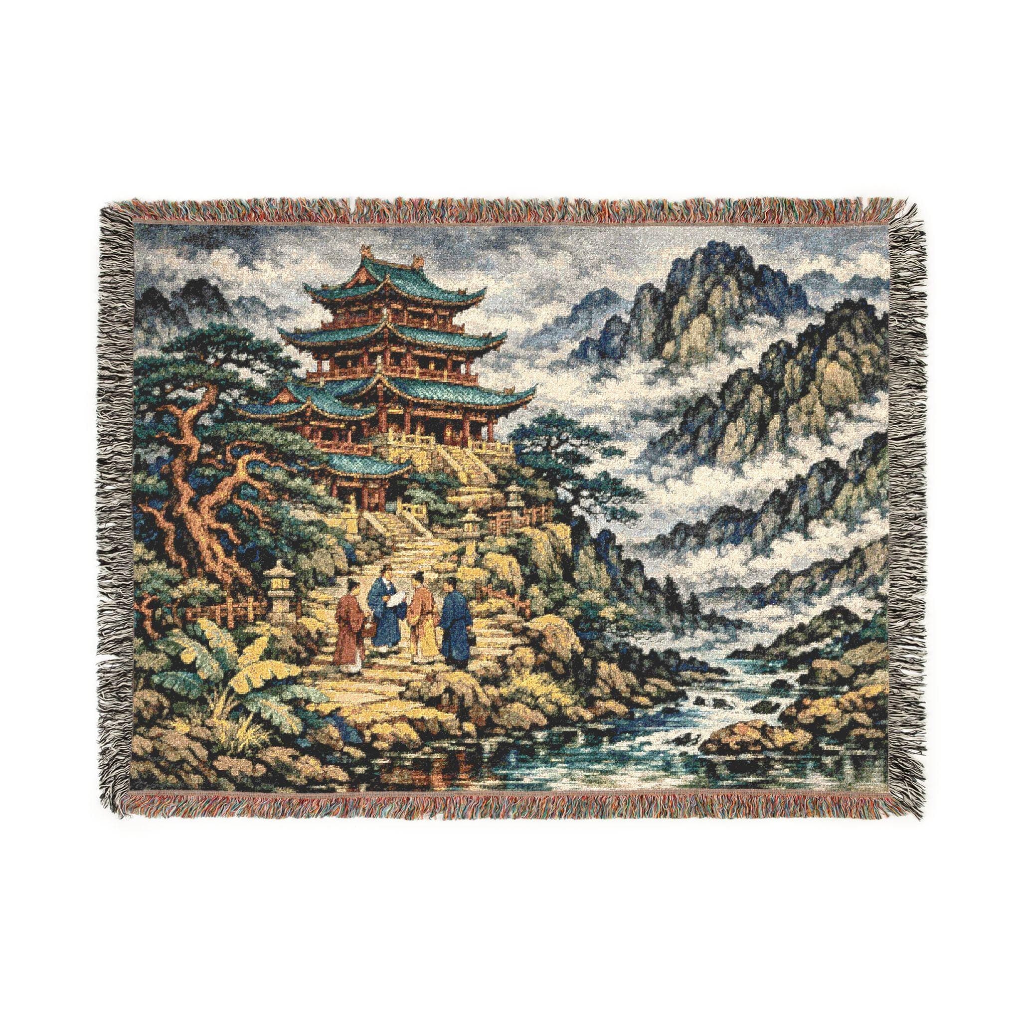 Traditional Chinese pagoda tapestry wall hanging with misty mountain peaks, layered clouds, and a winding river leading to a temple pavilion. Woven tapestry blanket with vintage woven texture and fringe edges, made for wall decor in a zen room, meditation corner, yoga studio, tea nook, or calm bedroom. Asian landscape wall art with serene nature scenery, ideal for Chinese inspired decor fans, travelers, hikers, and mountain lovers. Gift for tea lovers, mindfulness fans, and nature lovers.