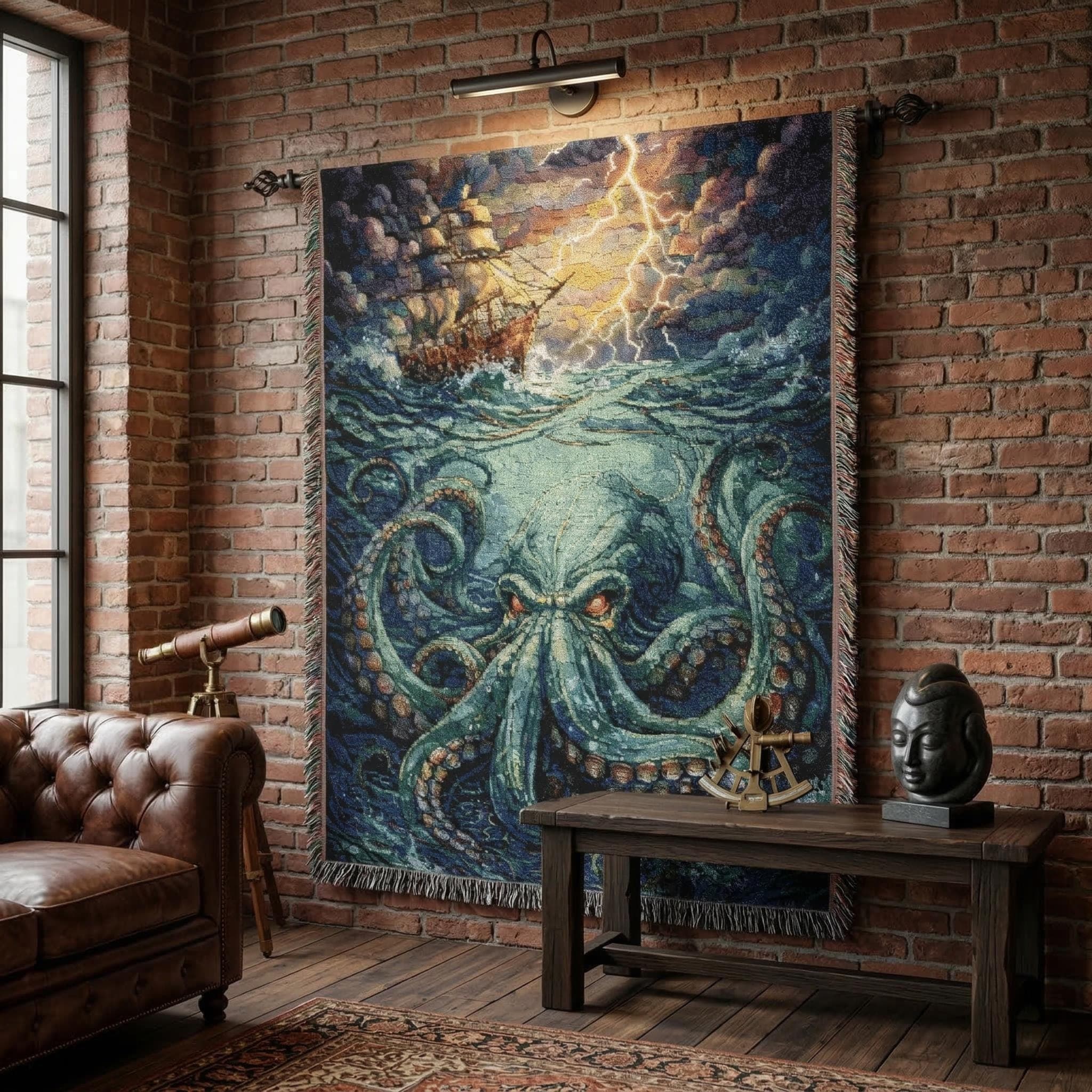 Woven tapestry wall hanging featuring a giant kraken octopus sea monster rising beneath dark stormy ocean waves, with curling tentacles, glowing eyes, a pirate ship above, and lightning in the sky. Dramatic nautical wall decor in deep blue, teal, sea green, and stormy gray tones with rich woven texture and fringe. Perfect for pirate decor, fantasy game room, gothic office, bedroom, man cave. works as a woven throw blanket. Great gift for nautical lovers, octopus fans, and sea monster collectors