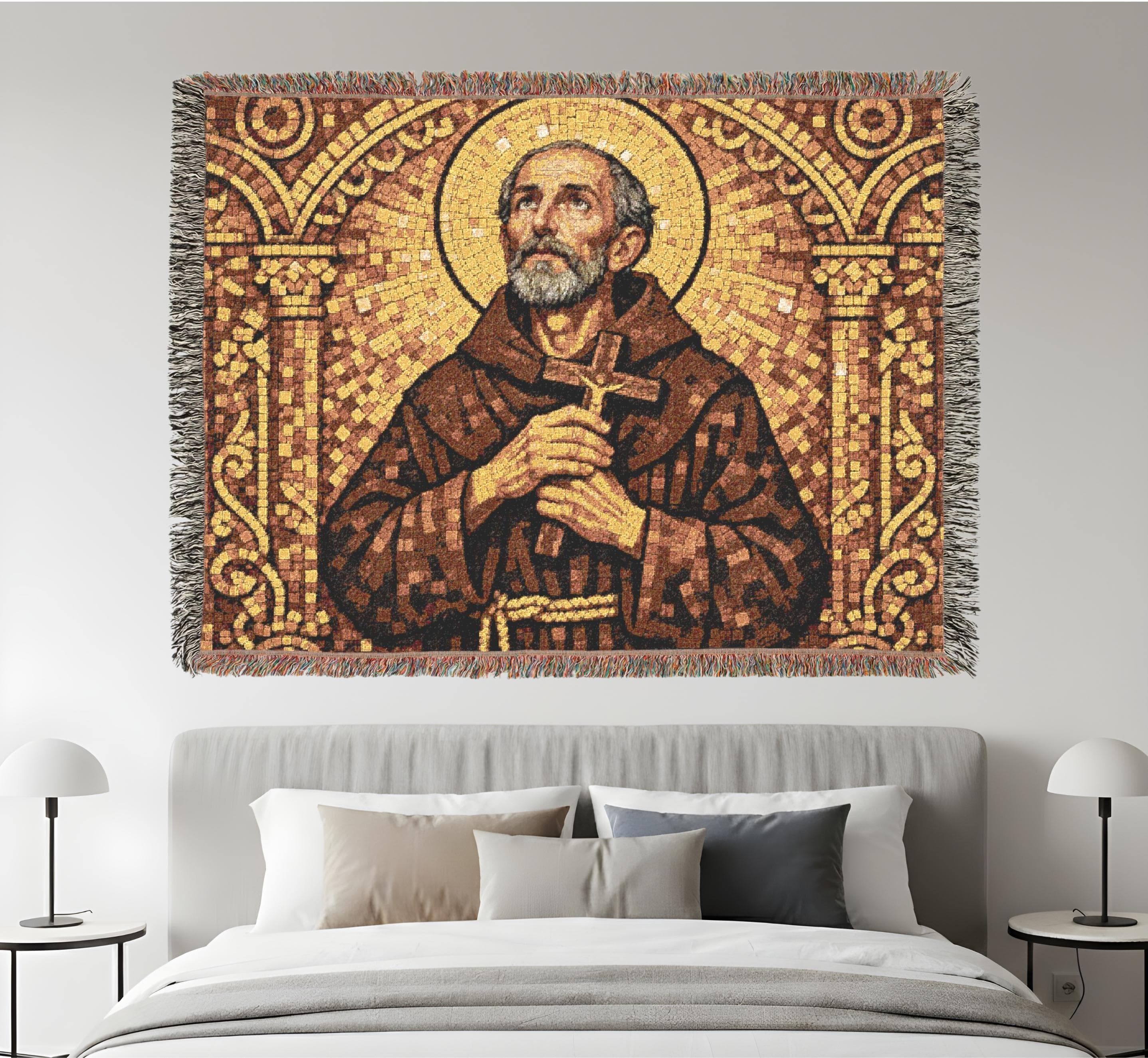 Large Religious Woven Tapestry Blanket Saint Francis Style Wall Hanging Catholic Wall Decor Vintage Mosaic Tapestry Throw Fringed Blanket