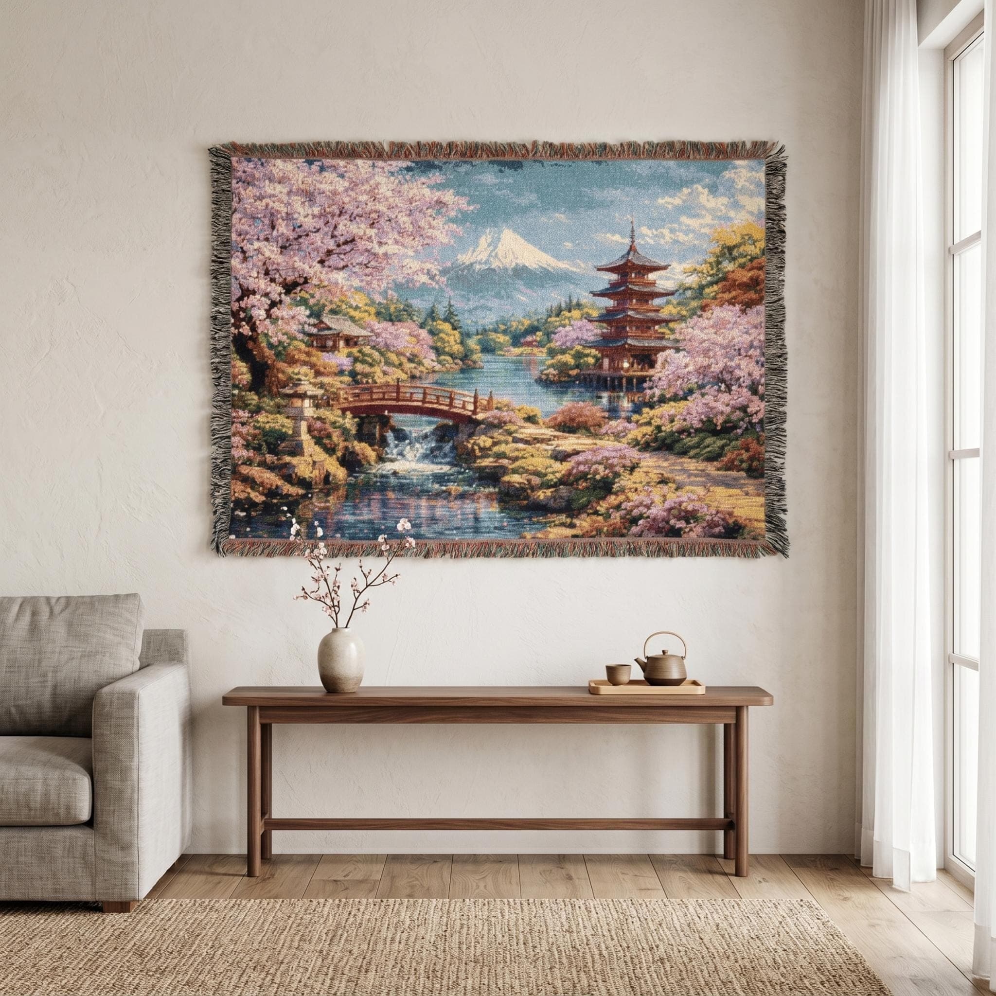 Cherry Blossom Tapestry Wall Hanging Japanese Garden Wall Art Sakura Pagoda Mount Fuji Scenic Woven Throw Blanket Spring Zen Room Wall Decor
