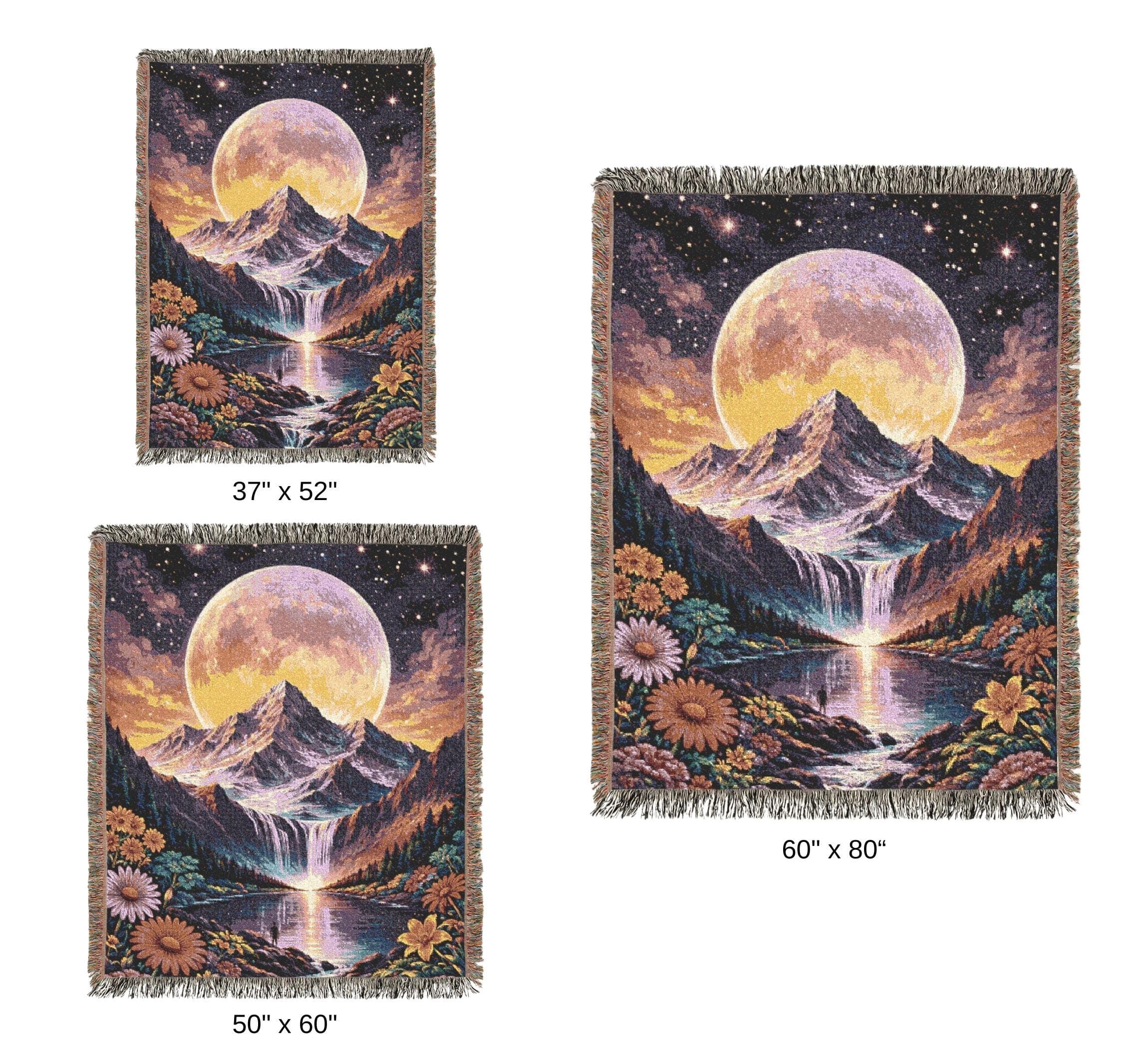 Moody Tapestry Wall Art Moon Mountain Wall Hanging Art Woven Tapestry Blanket Starry Night Landscape Waterfall Lake Wildflower Decor Fringe - image 5