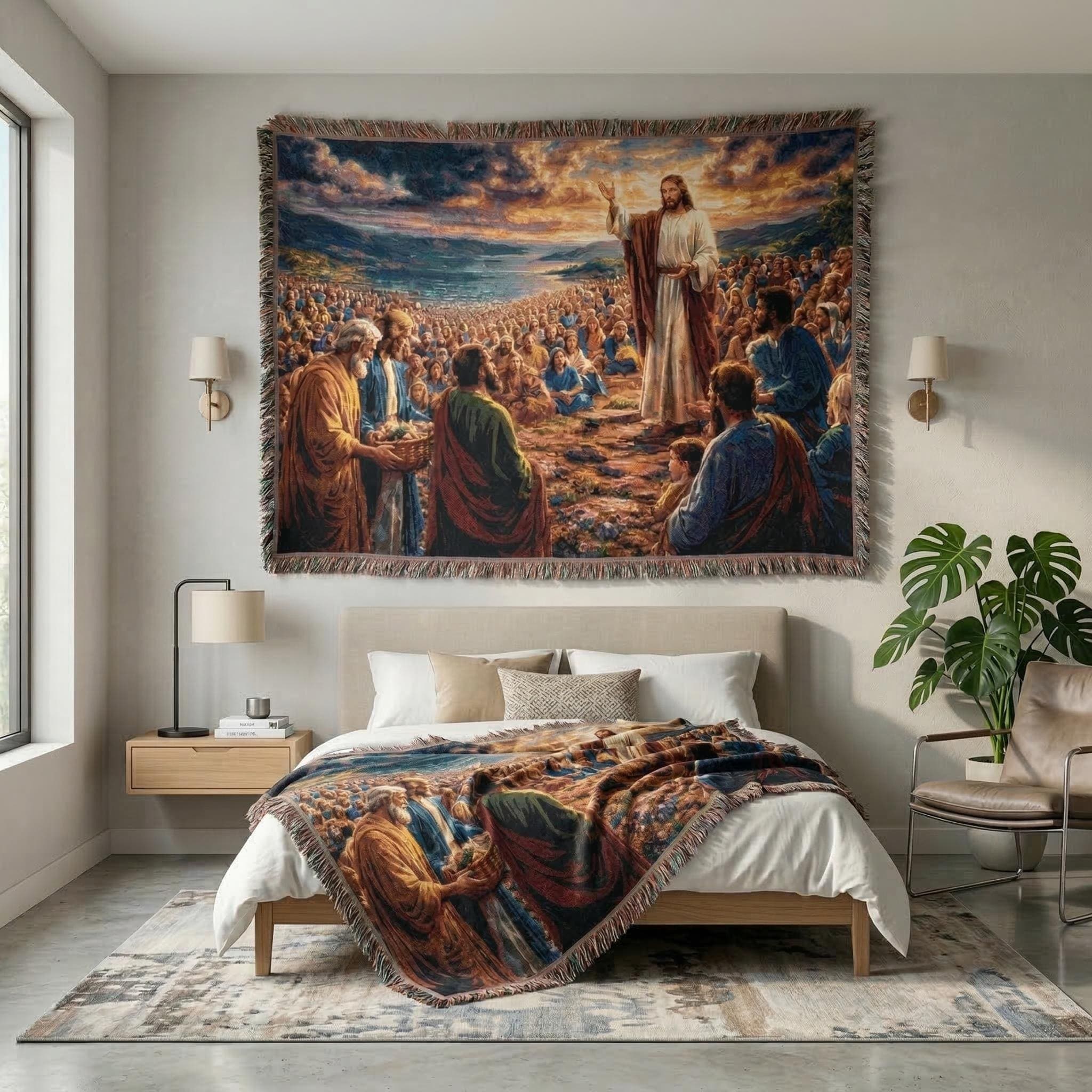 Woven tapestry wall hanging featuring Jesus teaching and feeding the multitude, surrounded by disciples and a large crowd under a glowing sunset sky beside the water. Christian Bible scene wall decor with rich woven texture and fringe, ideal for prayer room, church, living room, bedroom, or study. Also works as a woven throw blanket. Meaningful religious wall art gift for Christian family, Bible study group, baptism, confirmation, housewarming, and faith-centered home decor.
