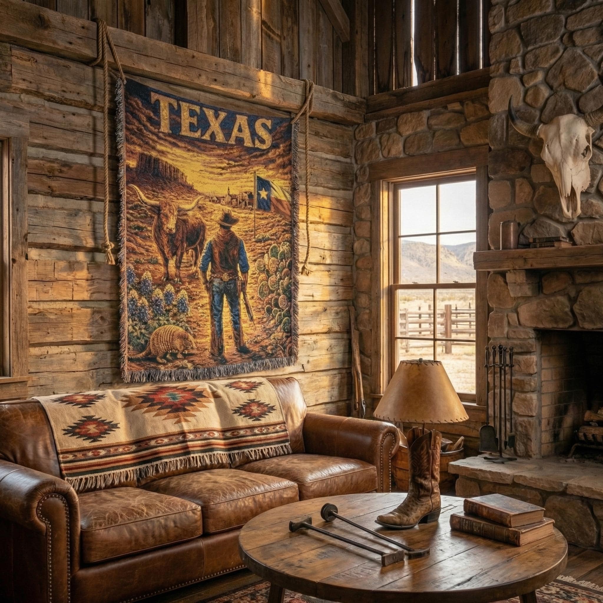 Woven tapestry wall hanging featuring a Texas western scene with a cowboy facing a longhorn, desert mesas, bluebonnet flowers, cactus, an armadillo, and the Texas flag under a dramatic sunset sky. Vintage poster style with rich woven texture and fringed edges. Works as classic wall tapestry decor or a woven throw blanket for rustic ranch homes, cabin lodge rooms, home office, or Americana-themed interiors. Unique gift for Texas lovers.