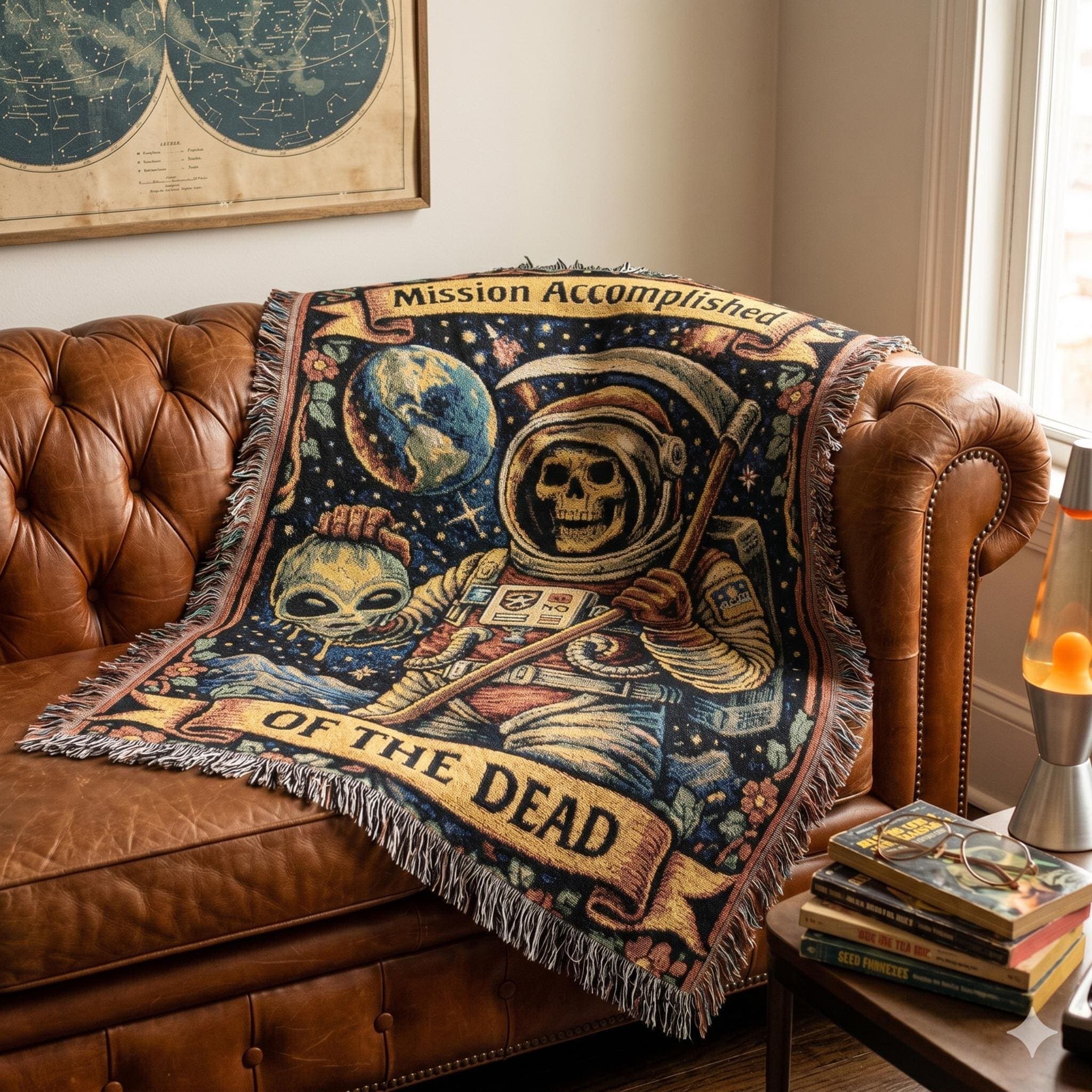 Woven tapestry wall hanging featuring a skeleton astronaut in space holding a scythe and alien head beneath the words Mission Accomplished Of The Dead, with Earth, stars, mountains, and a vintage floral border. Gothic sci fi tapestry with funny horror art, spooky space decor, retro tattoo style detail, and dark whimsical color palette, ideal as a large wall tapestry, woven throw blanket, Halloween room decor, alien wall art, skeleton decor, and gift for goth, gamer, and sci fi lovers.